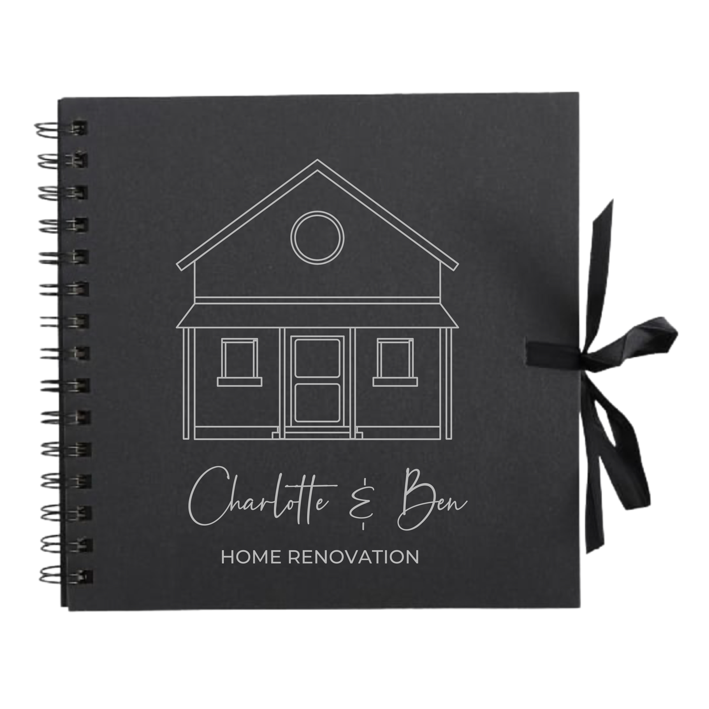Black scrapbook with white line art house illustration and "Home Renovation" personalised cover