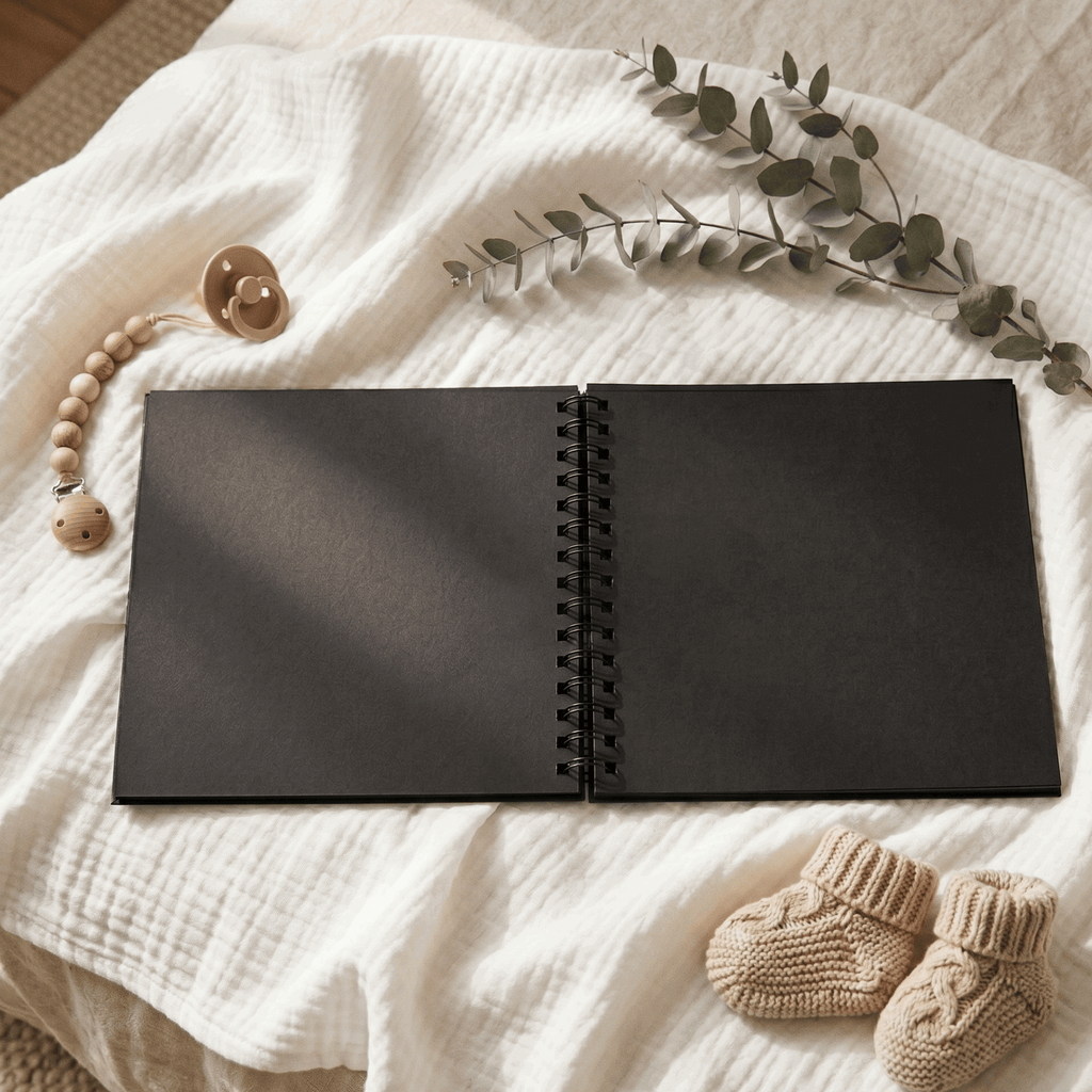 Black Album on a textured white surface with baby booties and a branch of leaves.