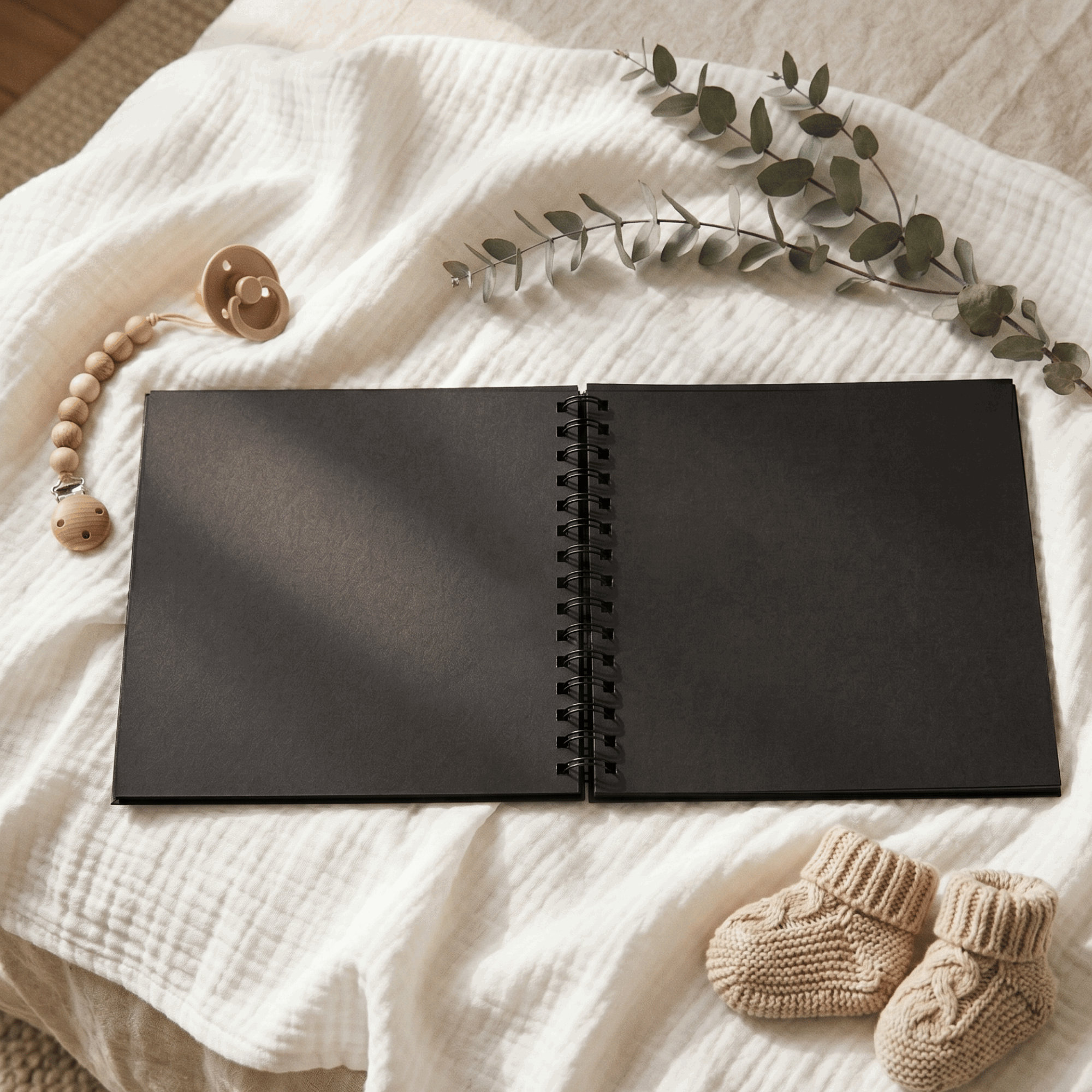 Black Album on a textured white surface with baby booties and a branch of leaves.