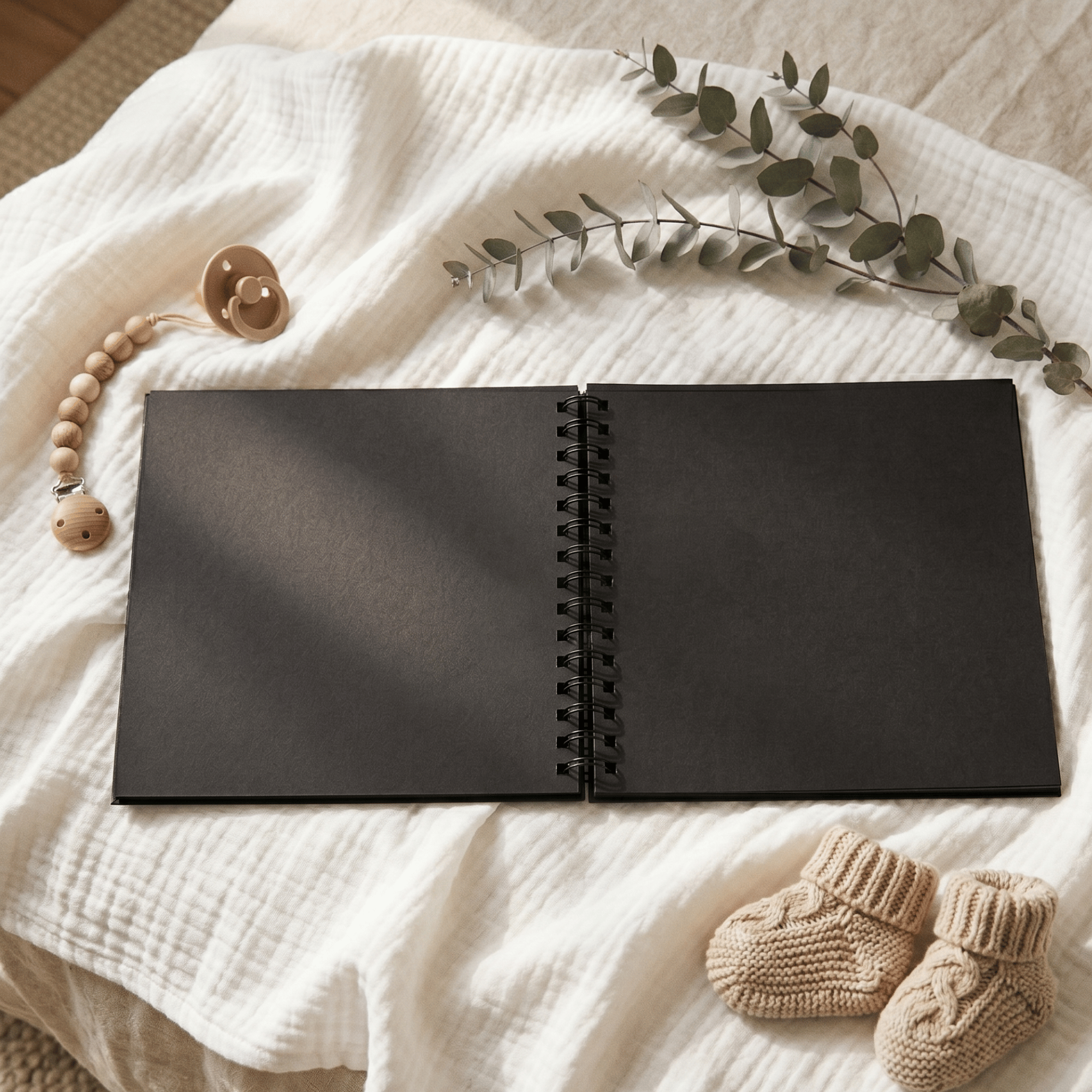 Black Album on a textured white surface with baby booties and a branch of leaves.