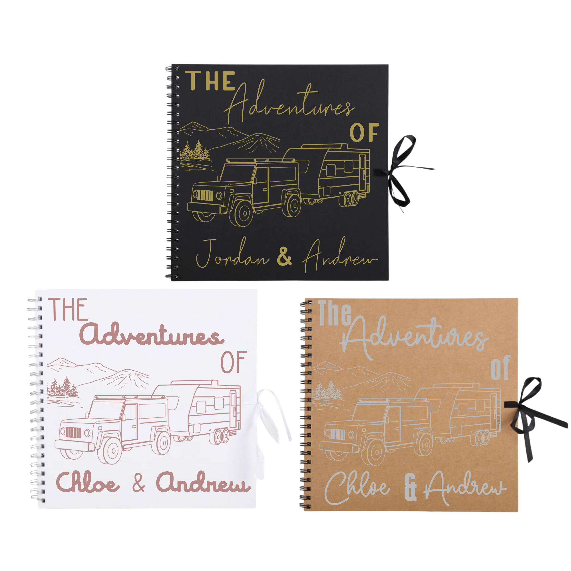 Three personalised caravan scrapbook albums in black, white, and kraft brown covers, featuring custom names and vehicle illustrations. Ideal travel journals.