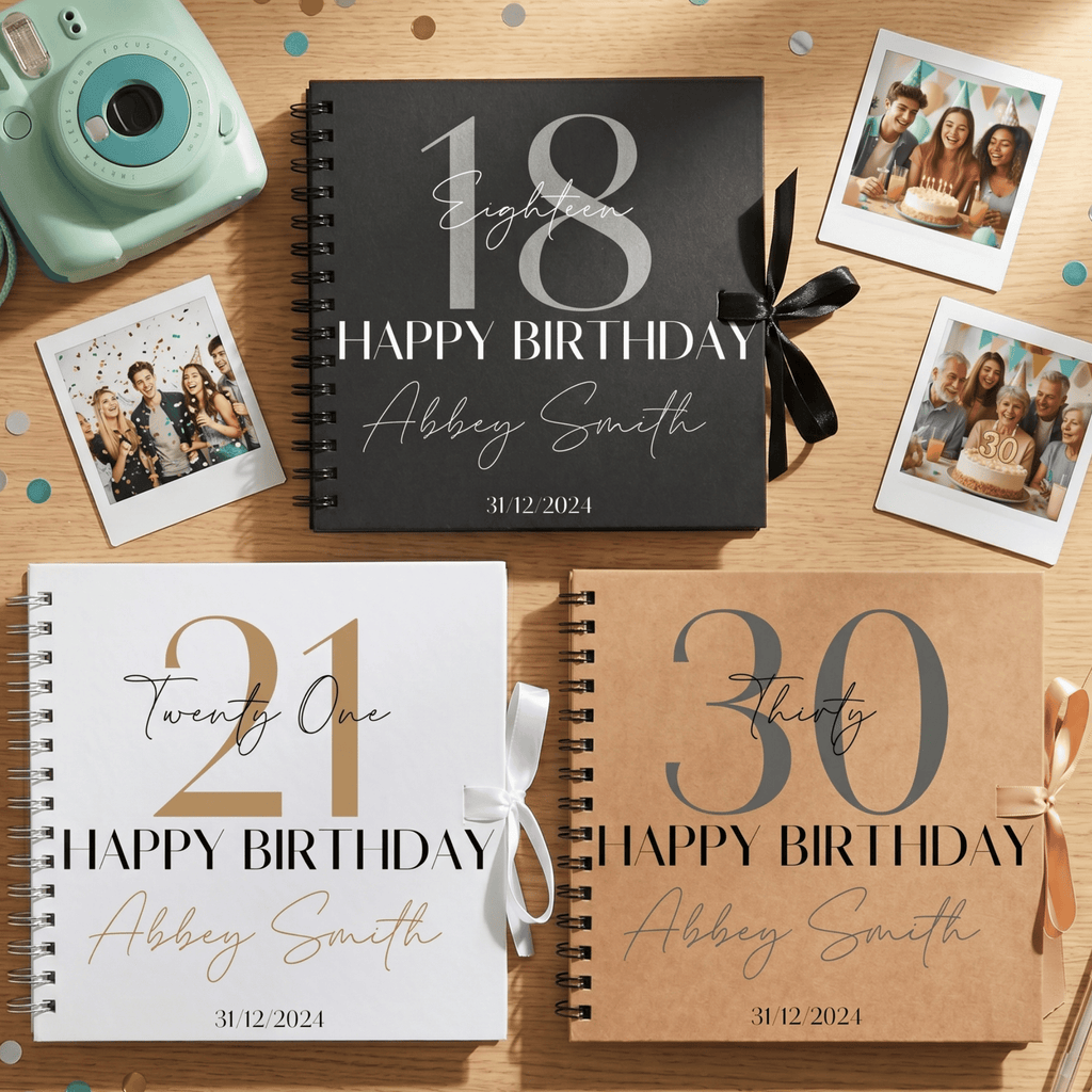 Three personalised birthday Albums for ages 18, 21, and 30 on a wooden surface with photos.