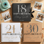 Three personalised birthday Albums for ages 18, 21, and 30 on a wooden surface with photos.