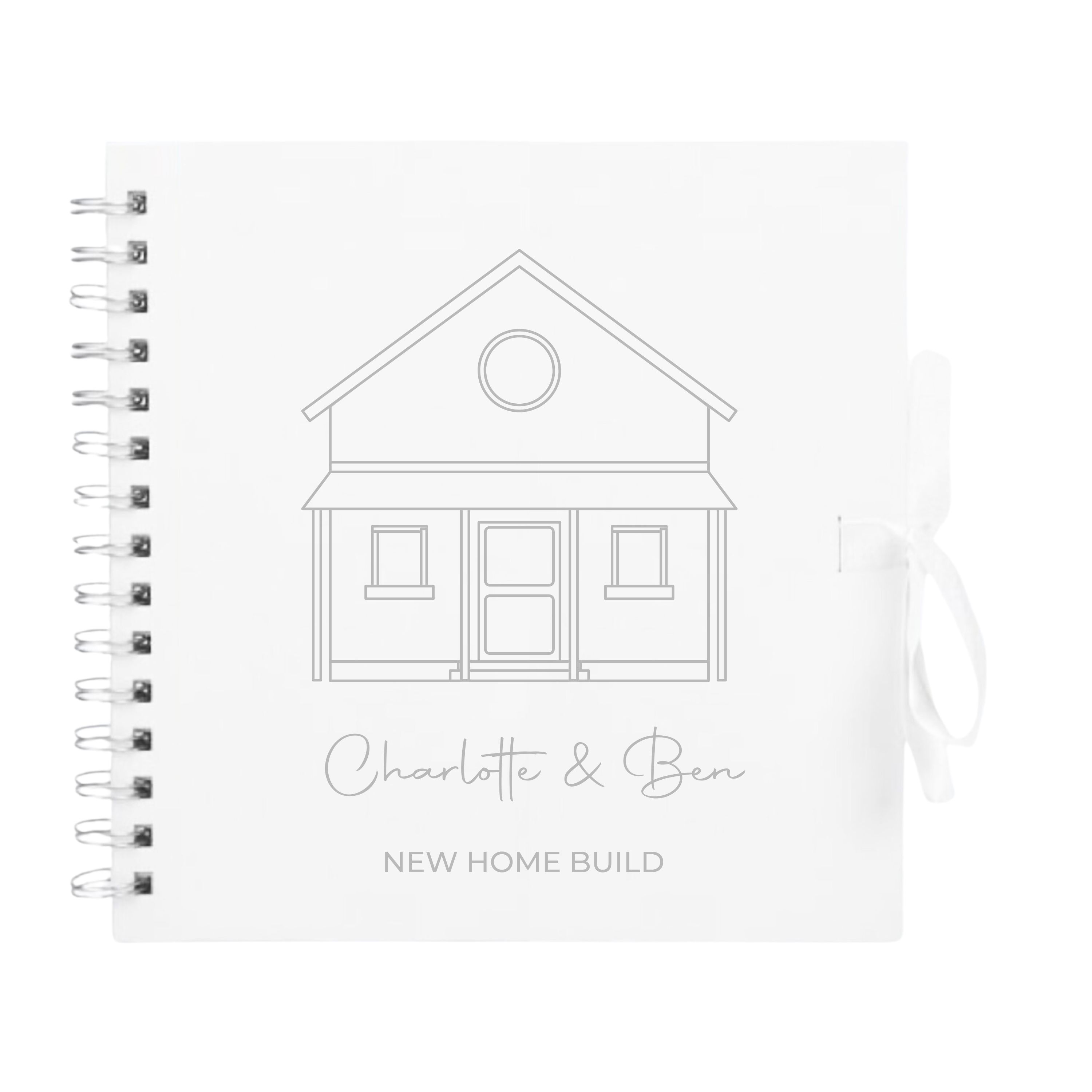 White scrapbook photo album with silver outline and "New Home Build" personalised text, ideal gift