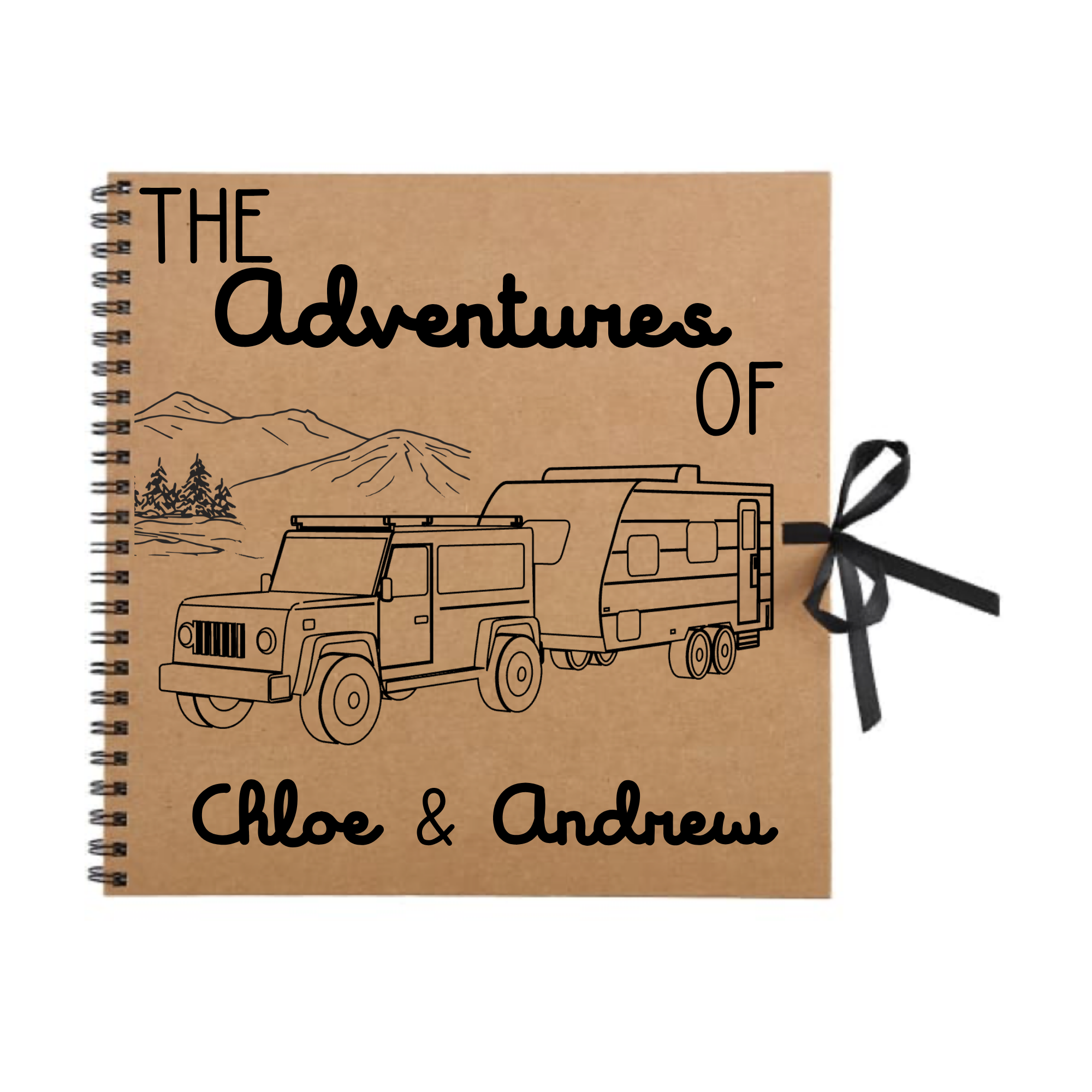 Kraft brown personalised scrapbook album with black illustration and text that reads “The Adventures of Chloe & Andrew” – perfect for caravan travel memories.
