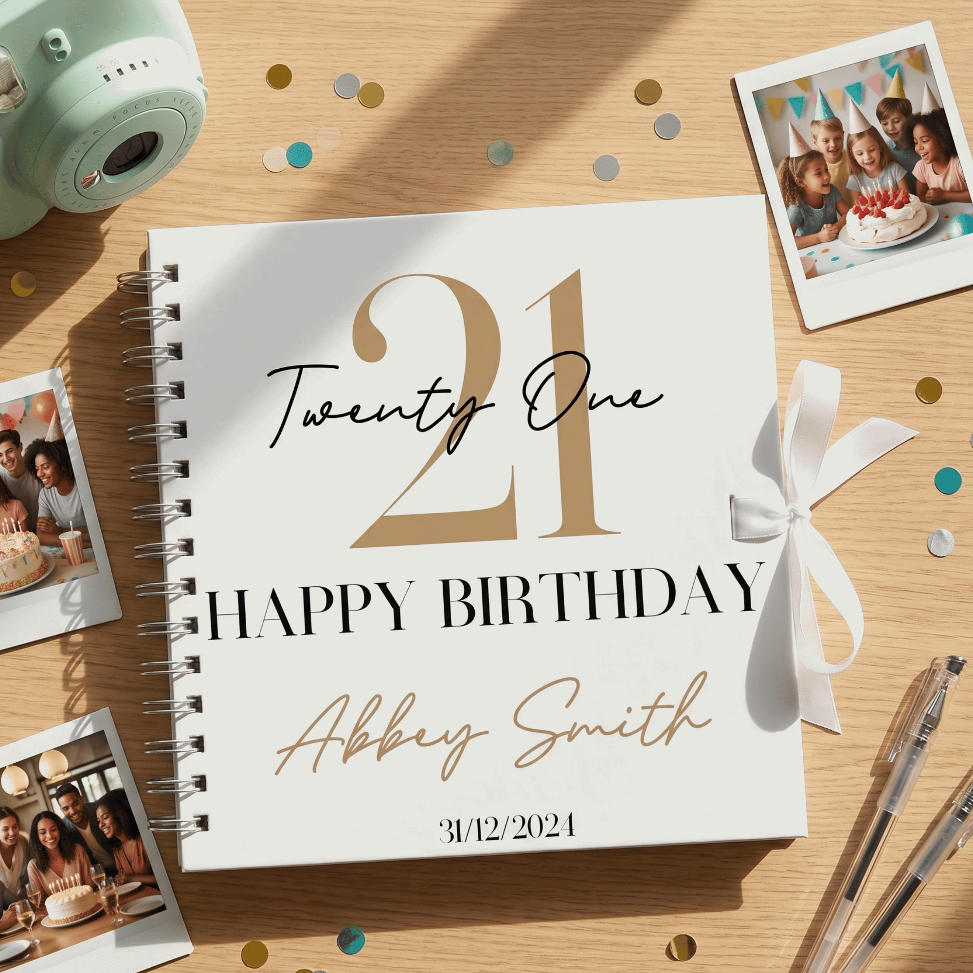Birthday Album with '21 Happy Birthday Abbey Smith' on a wooden surface with photos and confetti.