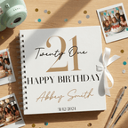Birthday Album with '21 Happy Birthday Abbey Smith' on a wooden surface with photos and confetti.