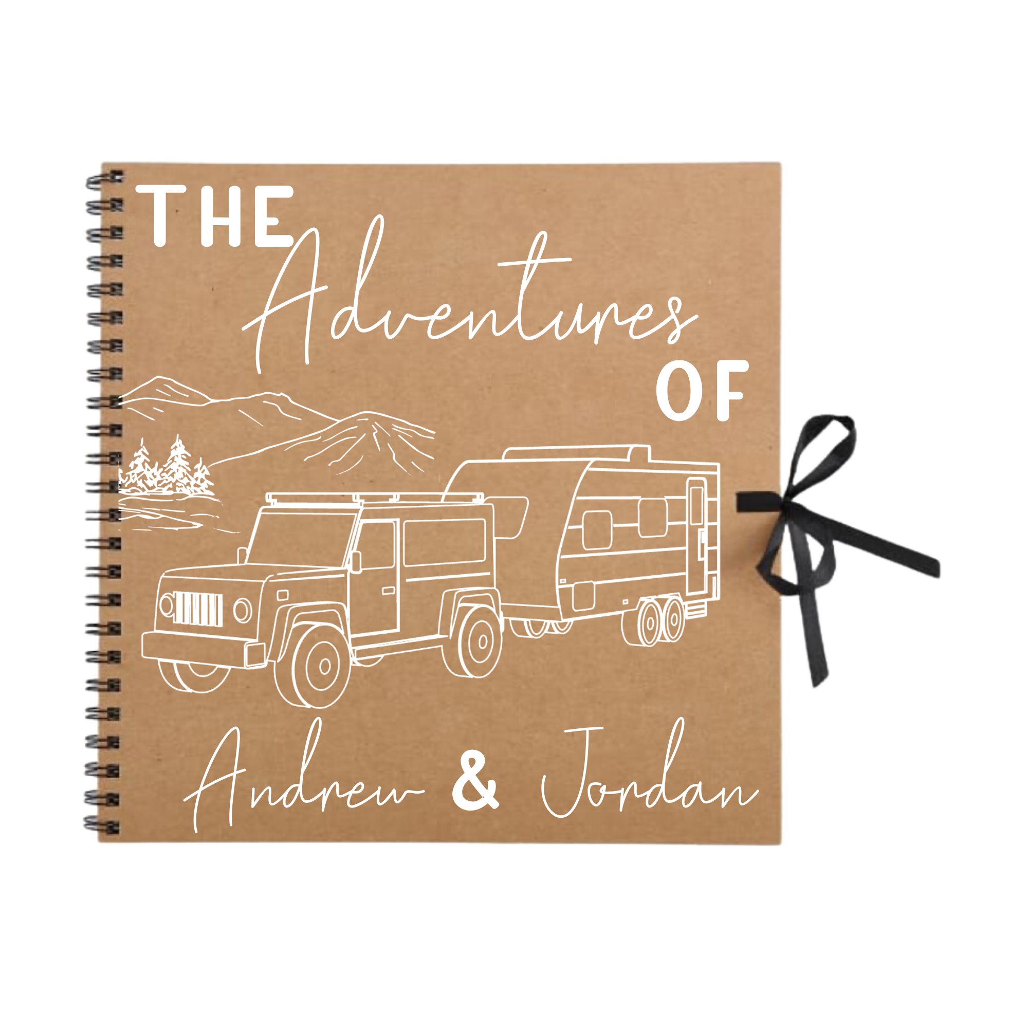 Kraft brown scrapbook album with white illustration and “The Adventures of Andrew & Jordan” – handmade travel photo album for couples.