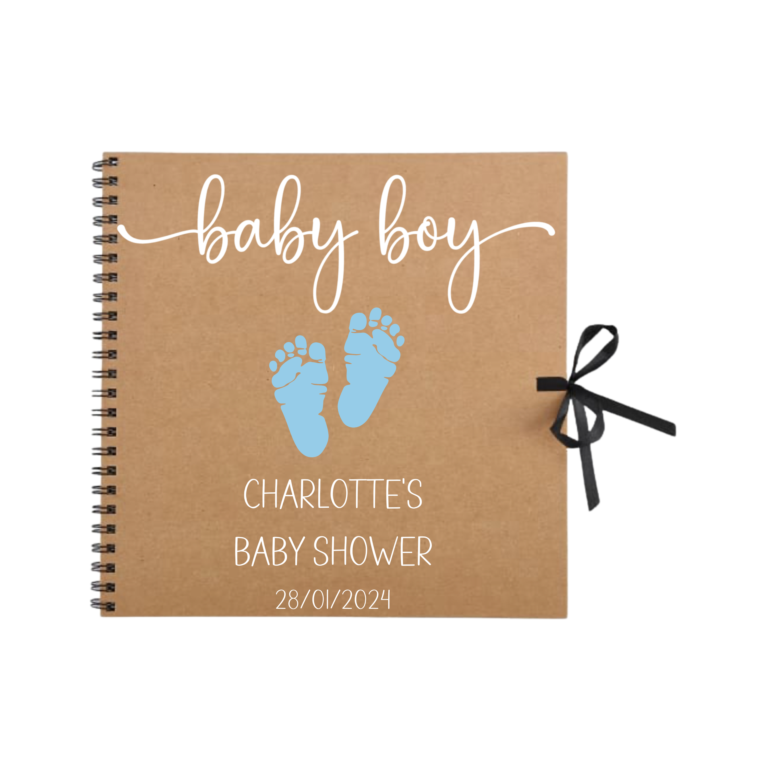 Kraft baby shower scrapbook with "baby boy" in white script and blue baby footprints – customised gift for Charlotte’s baby shower celebration.