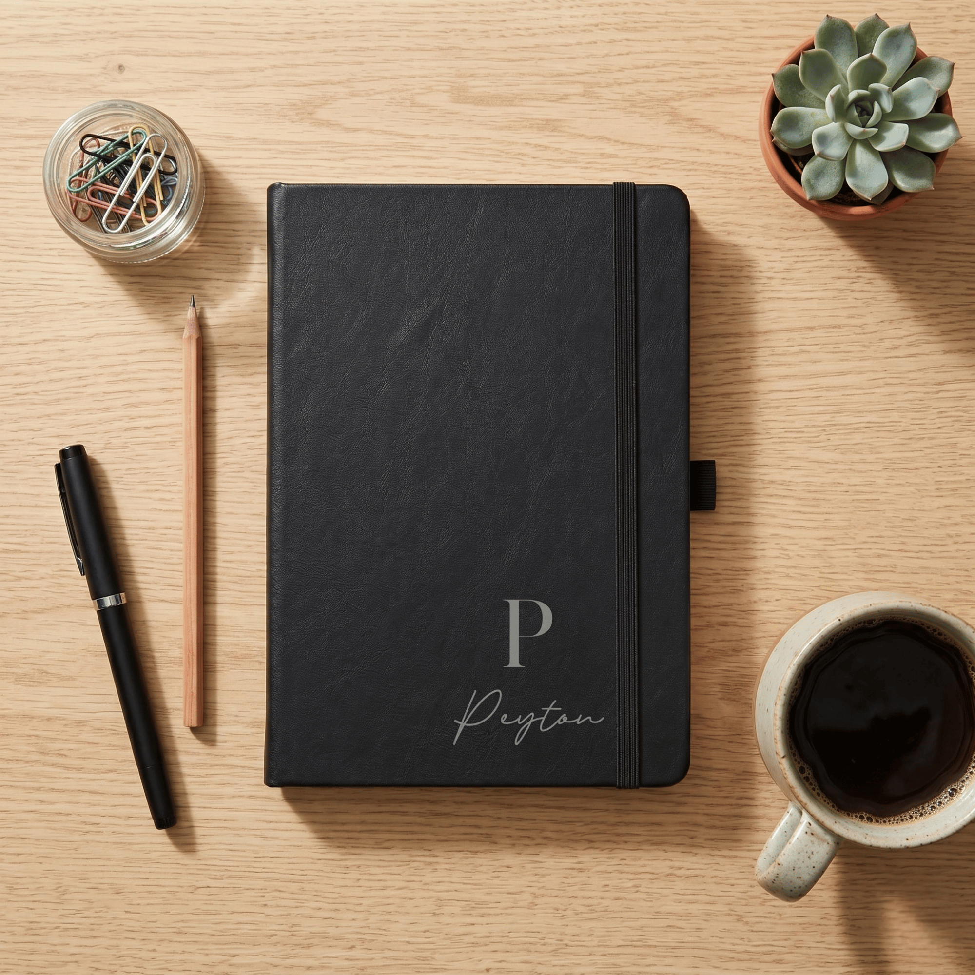 Black notebook with 'Peyton' on a wooden desk with a pen, coffee, and plant.