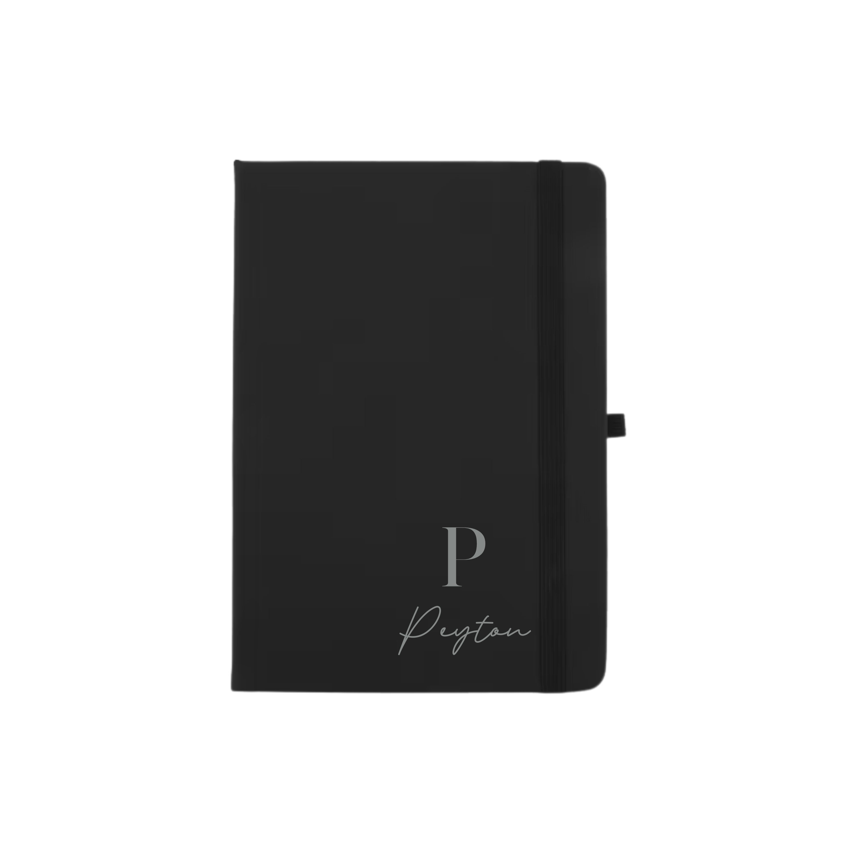 Black A5 vegan leather hard cover notebook personalised with initial P and name Peyton in silver.