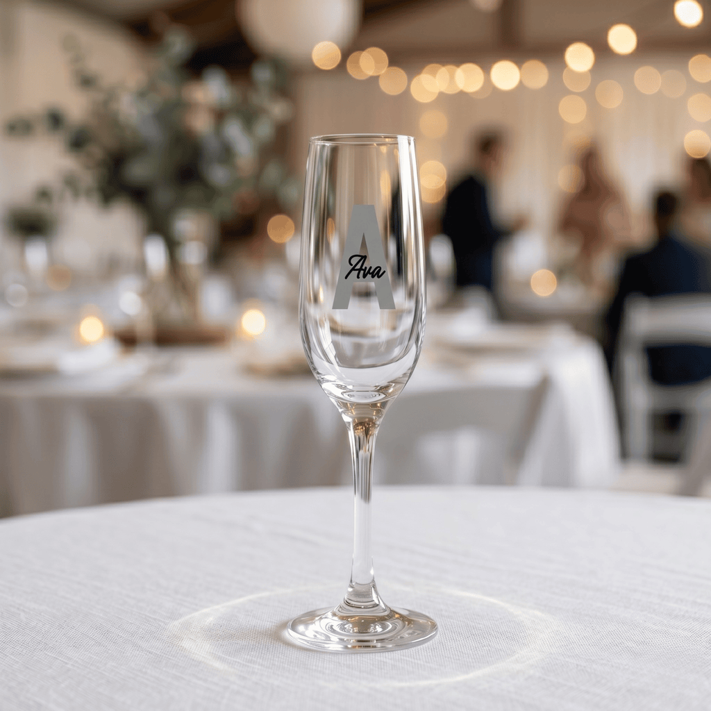 Clear glass with 'Ava' branding on a tablecloth-covered table in a softly blurred restaurant setting.