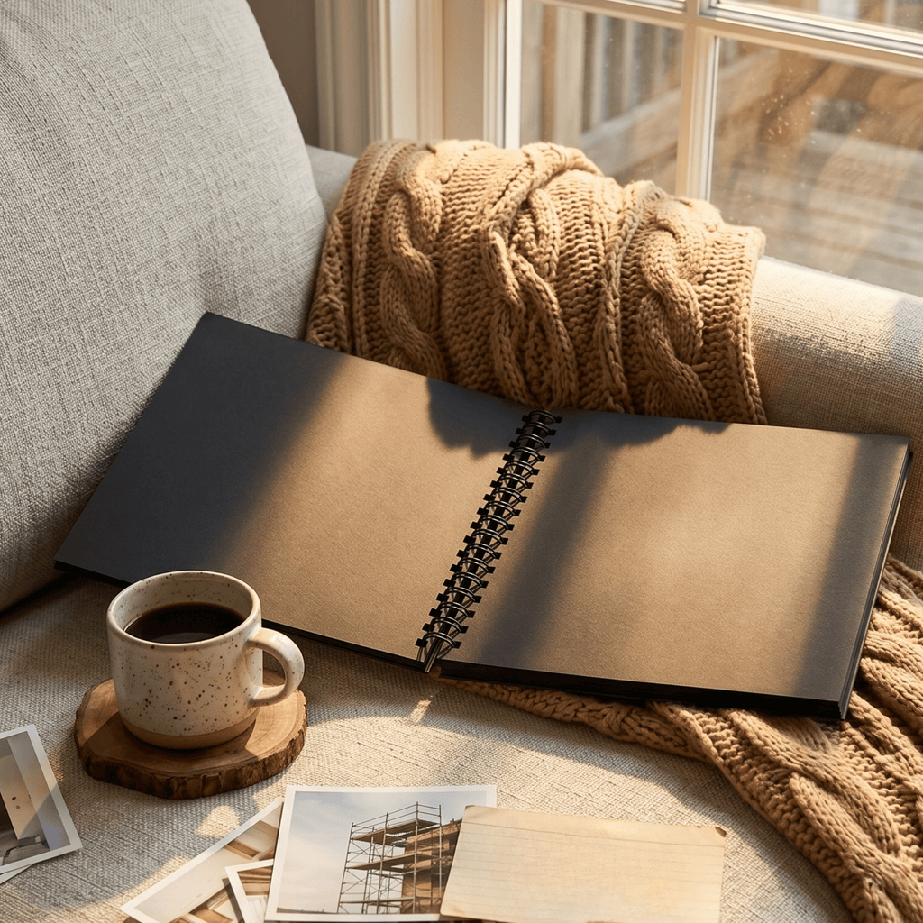 Open album on a couch with a cup of coffee and a blanket