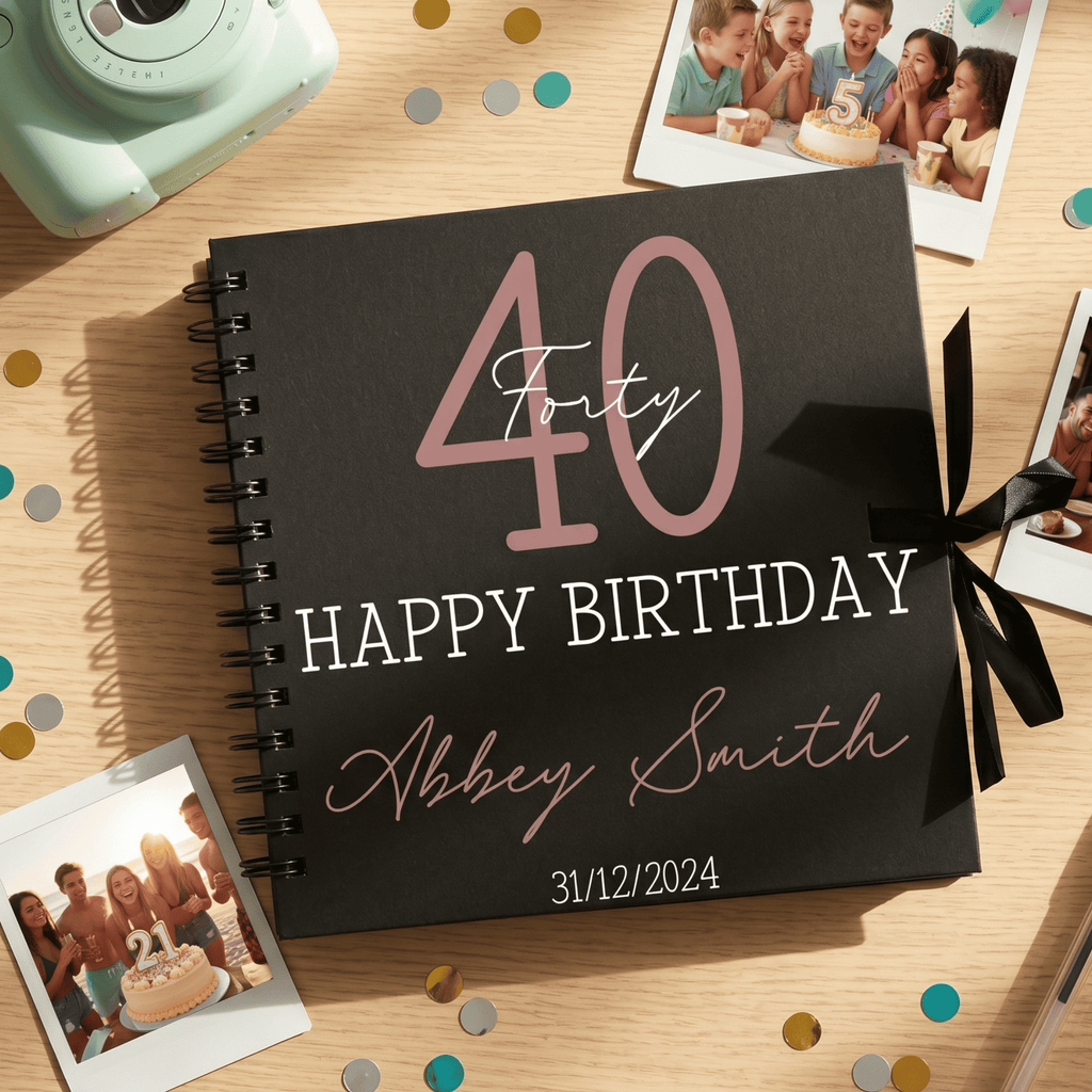 Personalised birthday album with '40 Happy Birthday Abbey Smith' on a wooden surface with photos and confetti.