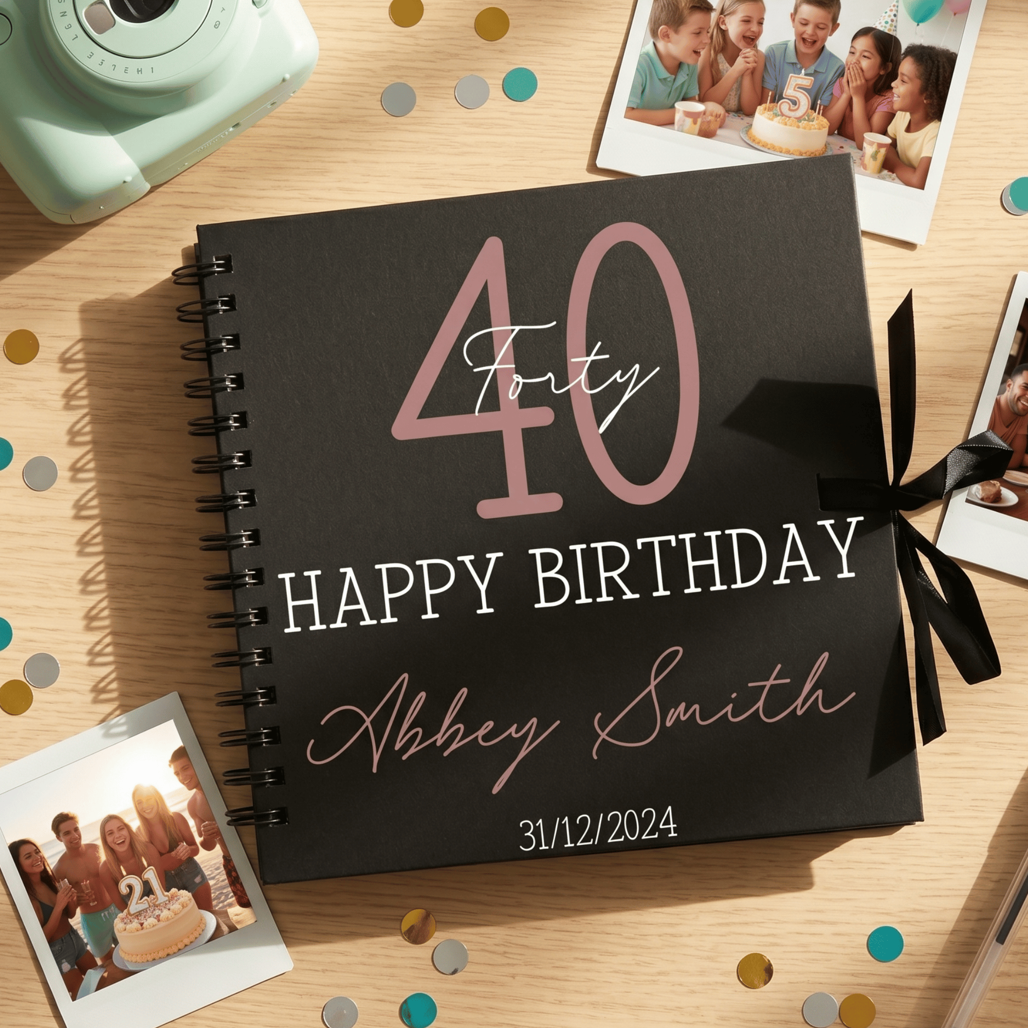 Personalised birthday album with '40 Happy Birthday Abbey Smith' on a wooden surface with photos and confetti.