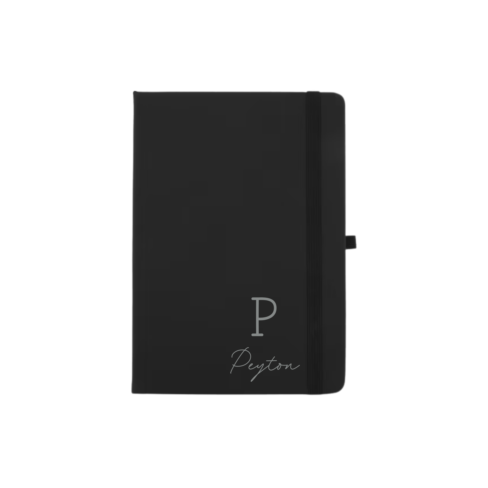 Black A5 vegan leather hard cover notebook personalised with initial P and name Peyton in silver.