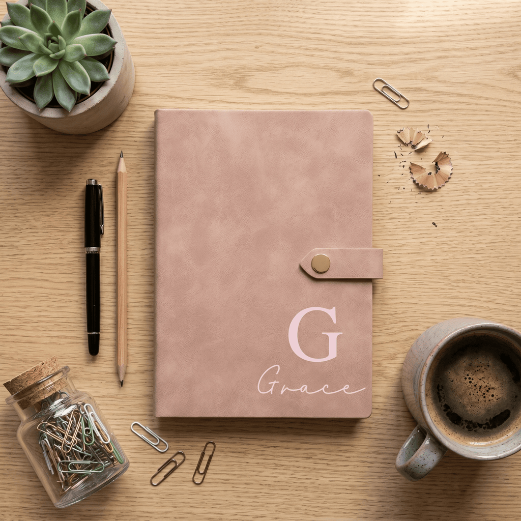 Pink notebook with 'Grace' on a wooden desk with office supplies