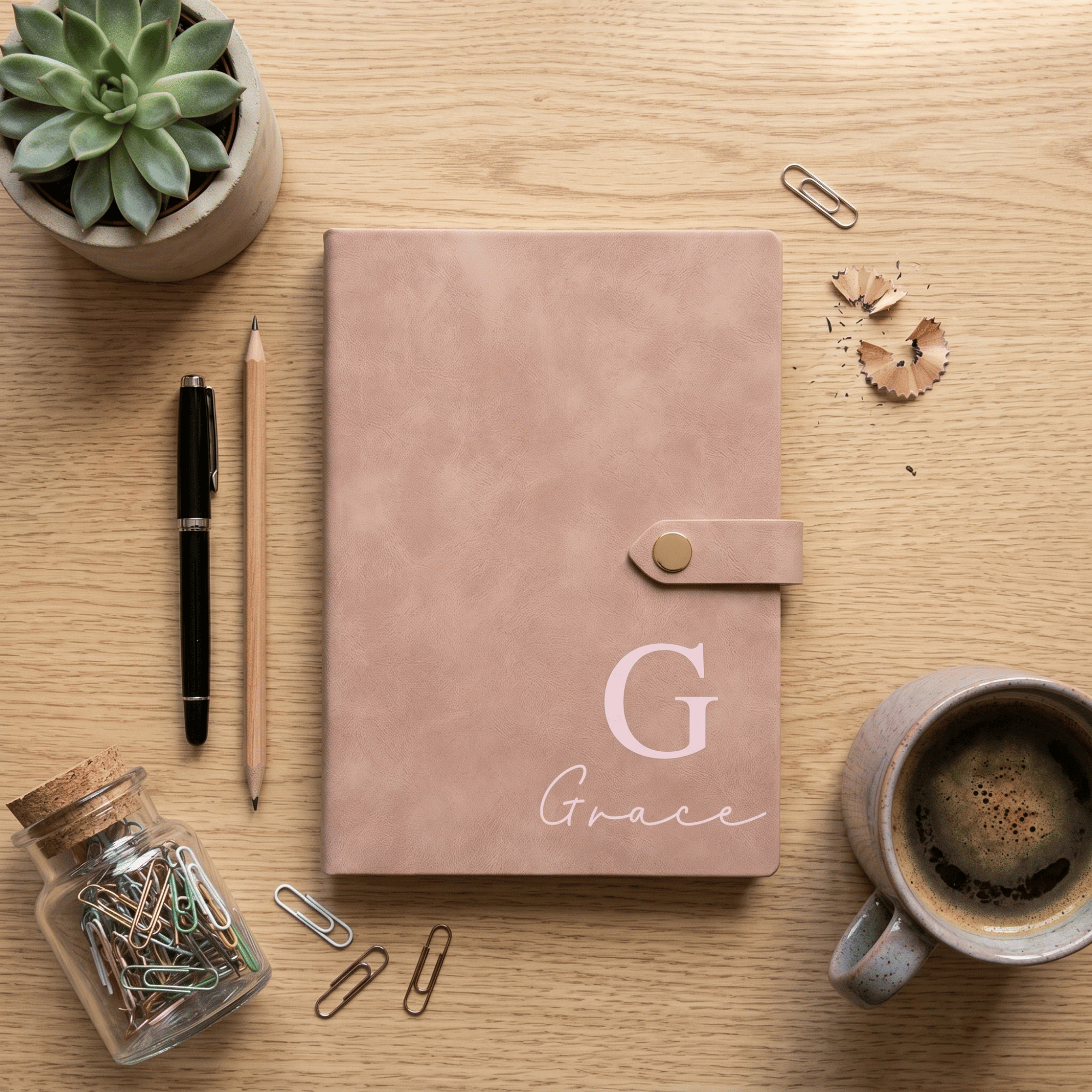 Pink notebook with 'Grace' on a wooden desk with office supplies