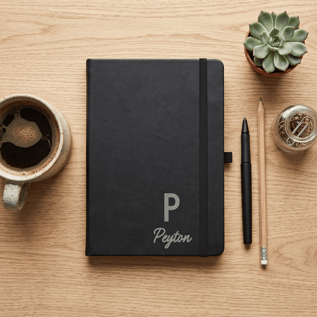 Black notebook with 'Peyton' on a wooden surface with a cup of coffee, pen, and succulent.