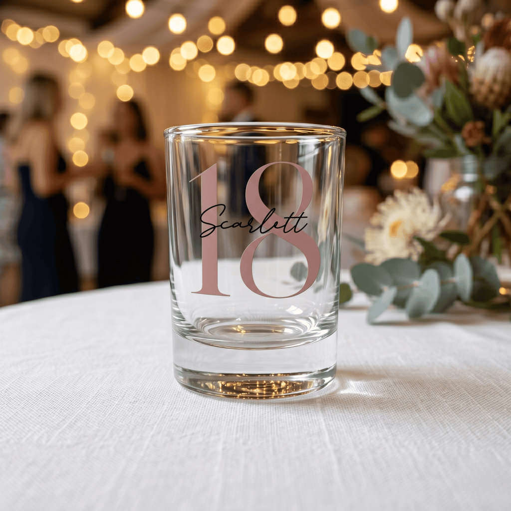 Clear glass with '18 Scarlett' printed on it, placed on a table with blurred background of people and lights.