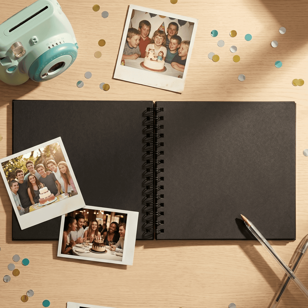 Black spiral-bound album with photos of a family celebration on a wooden surface.