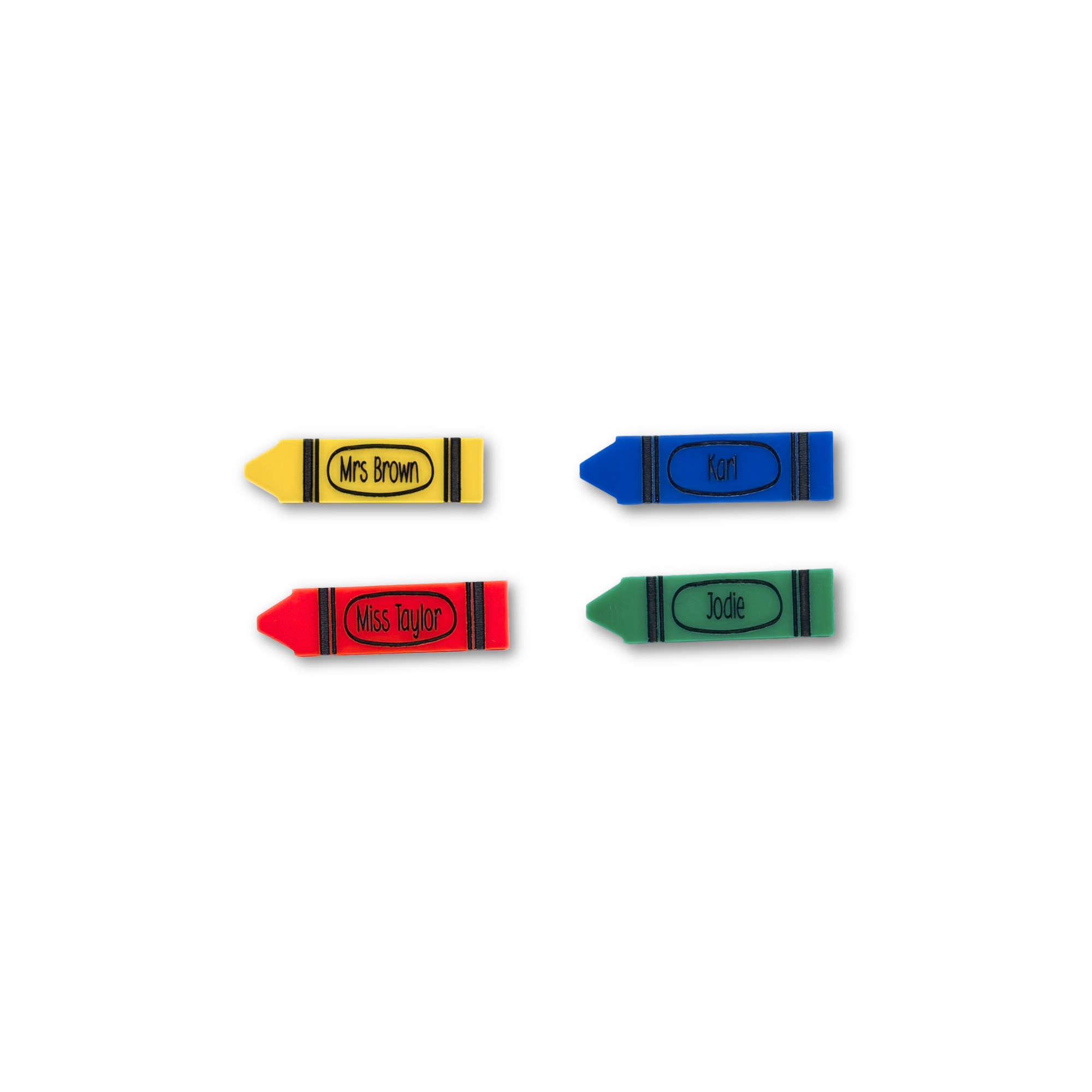 Four personalised crayon name tags in assorted colours