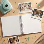 Open Album with photos of a birthday celebration on a wooden surface with a camera and confetti.