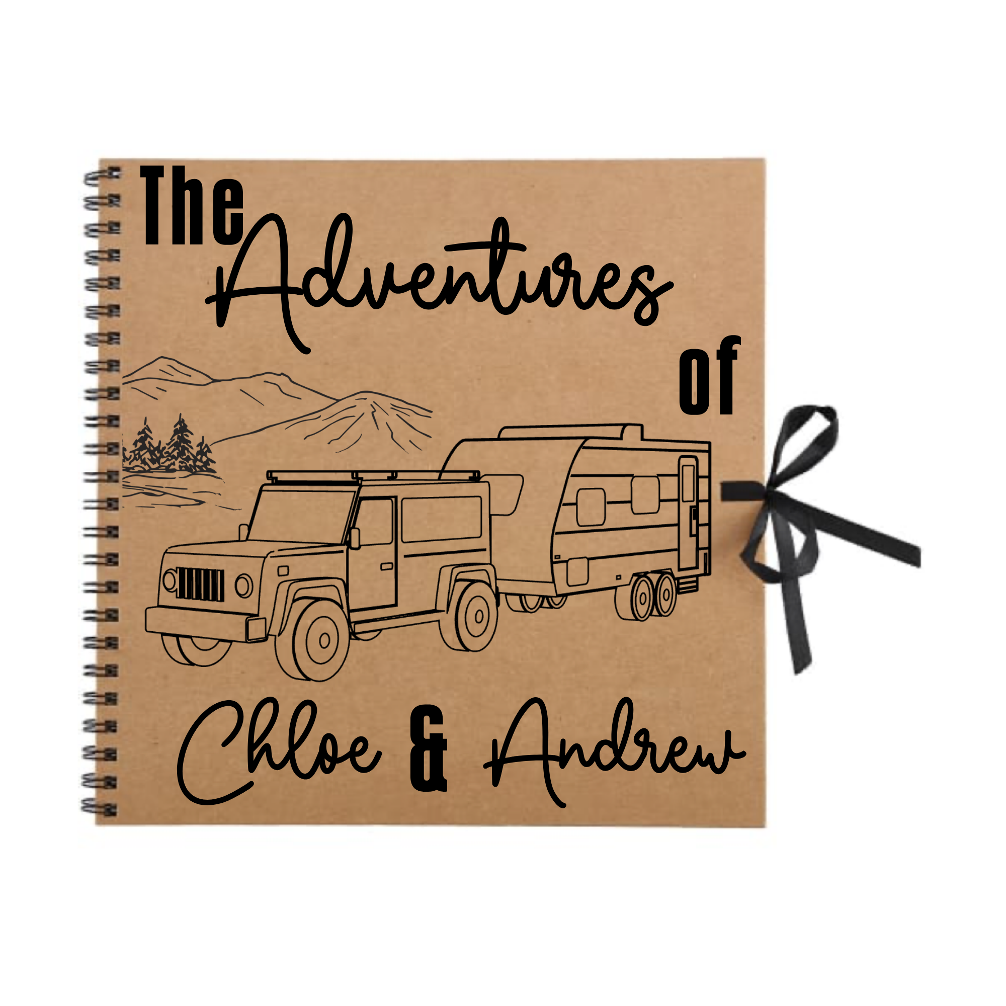 Kraft brown personalised scrapbook album with black illustration and text that reads “The Adventures of Chloe & Andrew” – perfect for caravan travel memories.