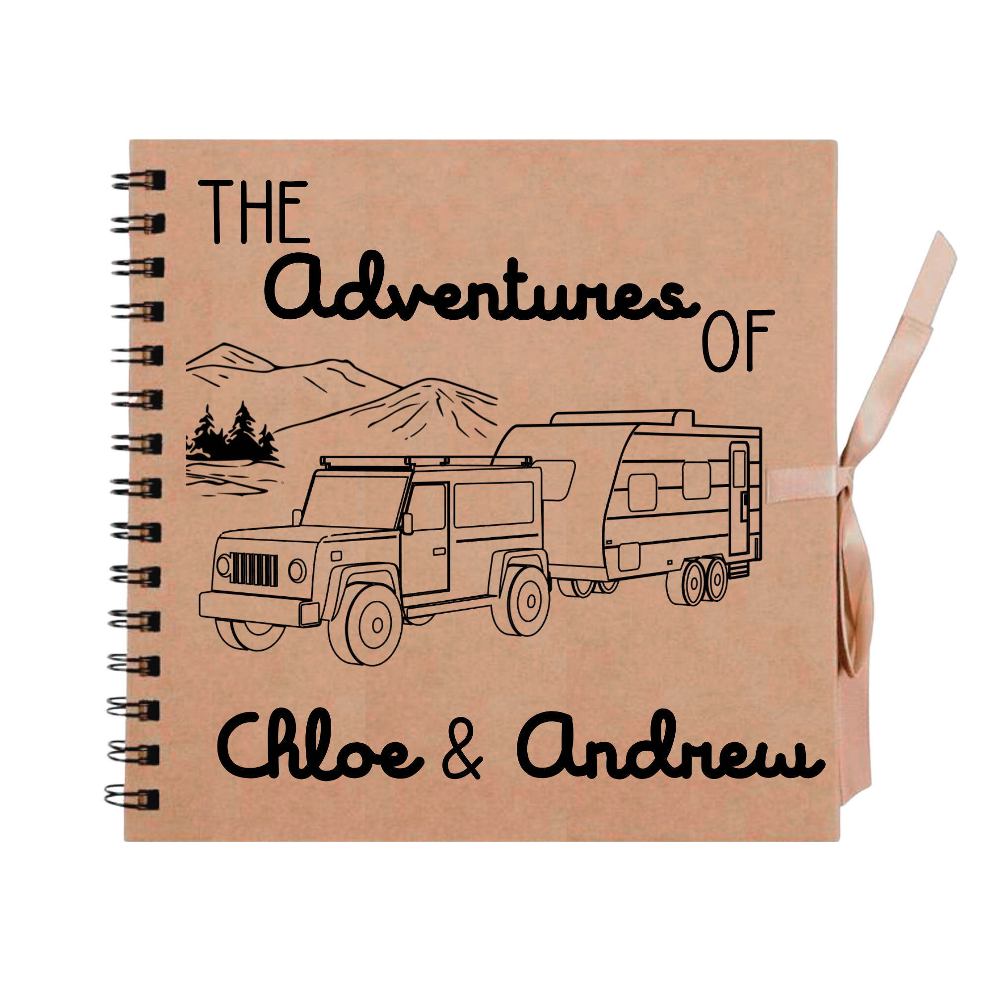 Kraft brown personalised scrapbook album with black illustration and text that reads “The Adventures of Chloe & Andrew” – perfect for caravan travel memories.