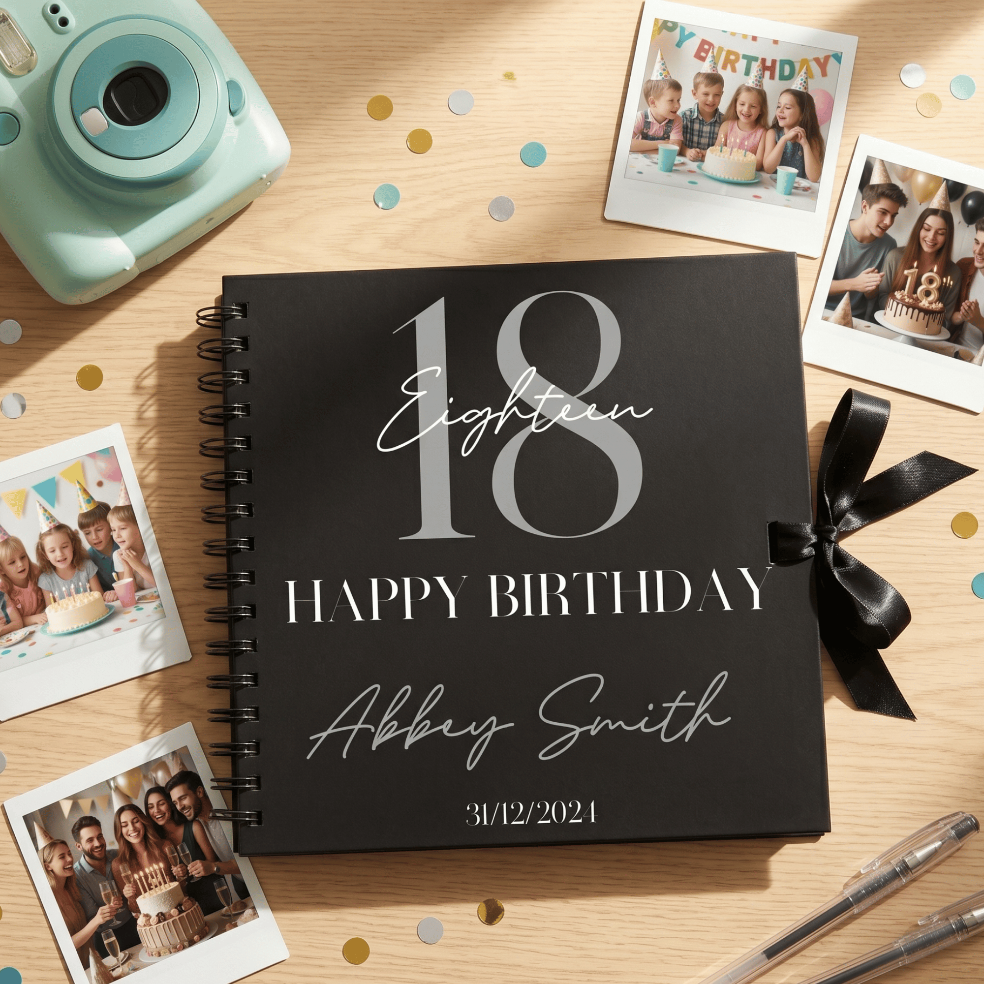 Black spiral-bound Album with '18 Happy Birthday Abbey Smith' on a wooden surface with photos and a camera.