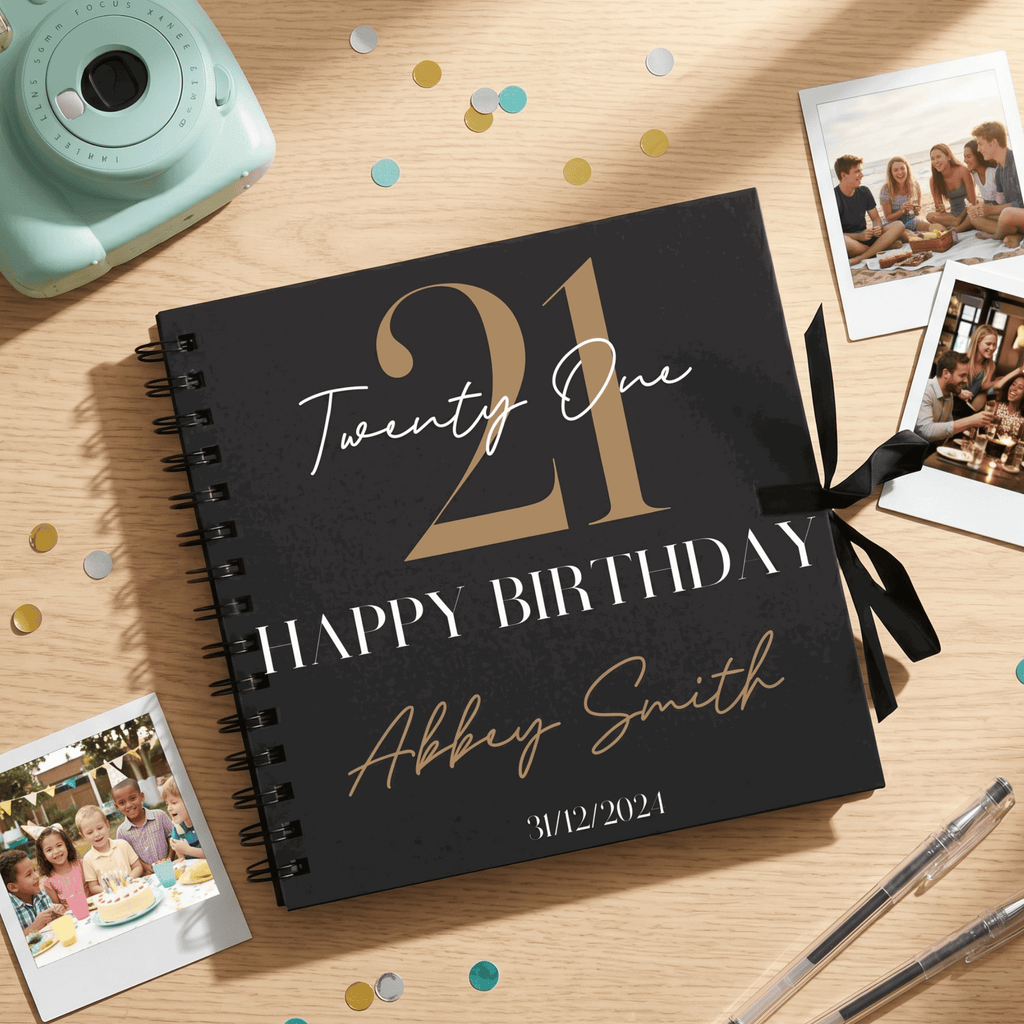 Personalised birthday Album with decorative elements on a wooden surface
