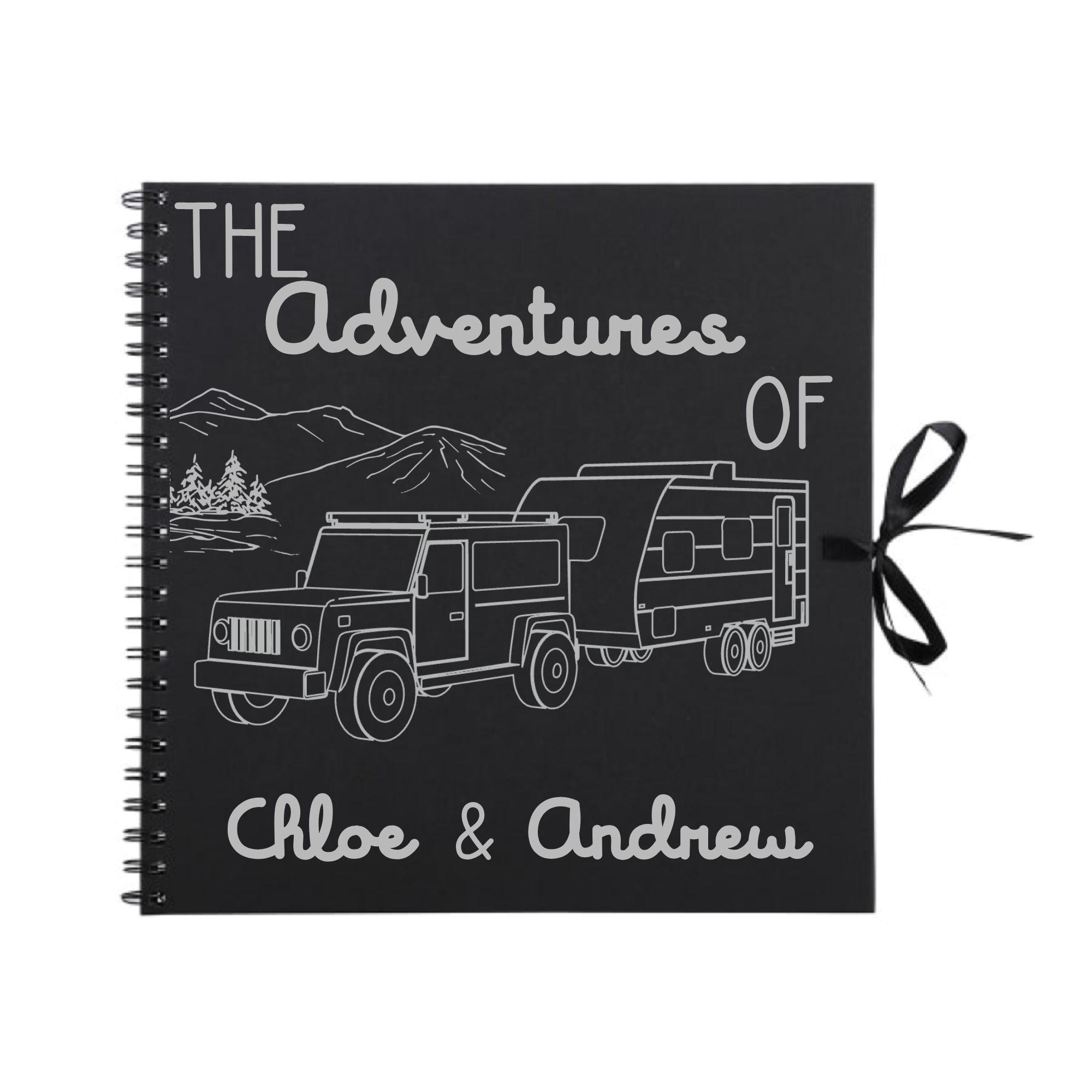 White scrapbook album with silver campervan design and personalised “The Adventures of Chloe & Andrew” – stylish handmade travel journal.
