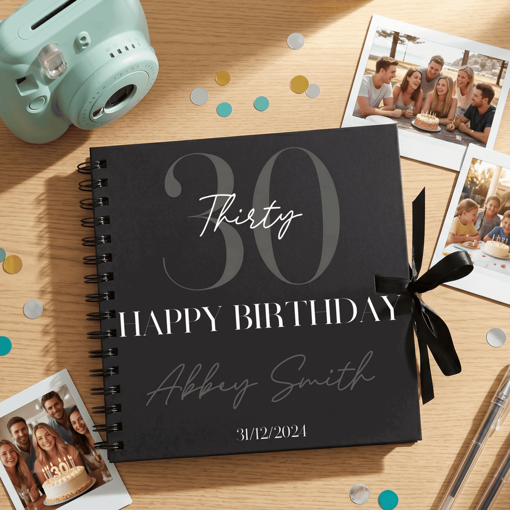 Black spiral-bound Album with '30 Happy Birthday Abbey Smith' on a wooden surface with confetti and photos.