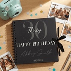 Black spiral-bound Album with '30 Happy Birthday Abbey Smith' on a wooden surface with confetti and photos.