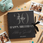 Black spiral-bound Album with '30 Happy Birthday Abbey Smith' on a wooden surface with confetti and photos.