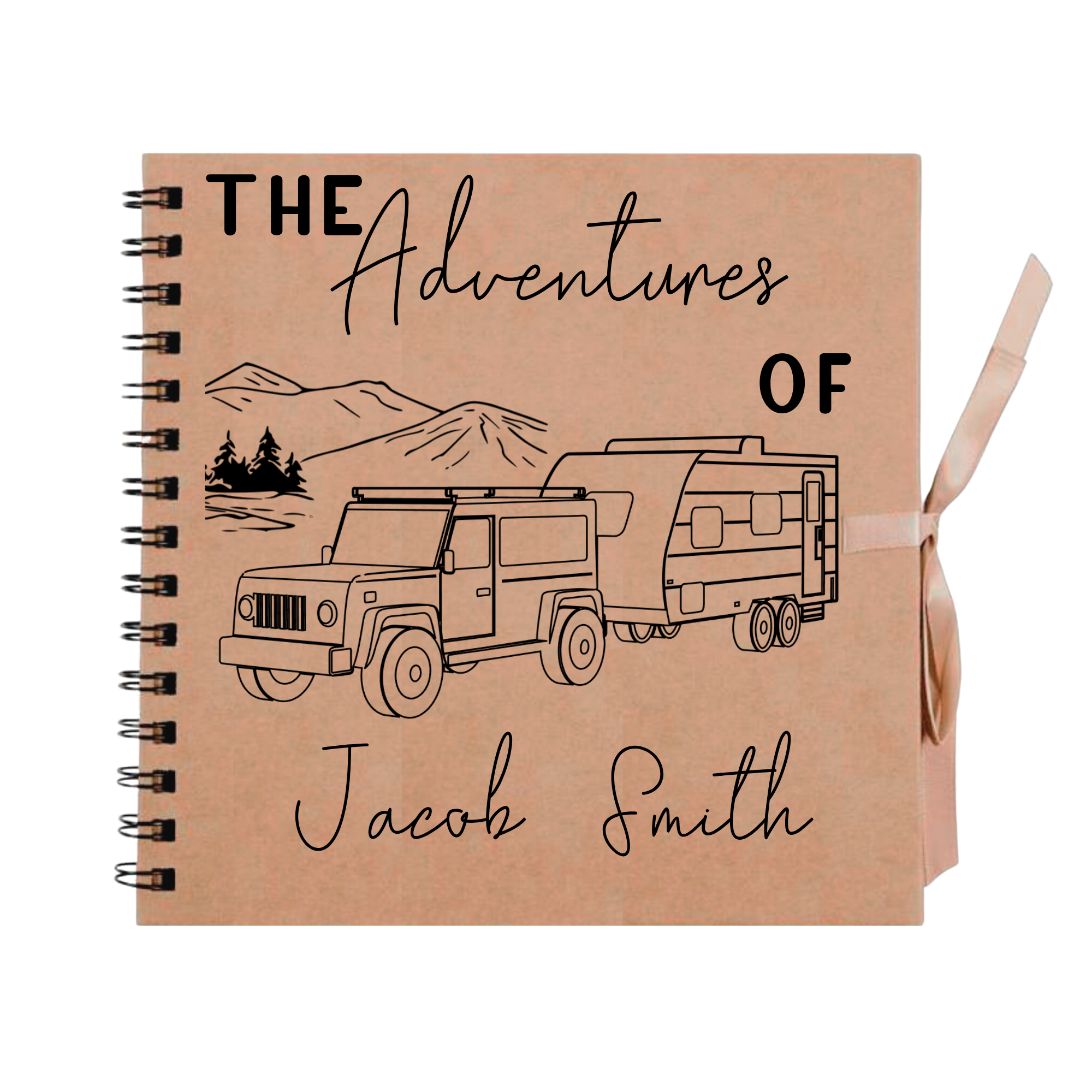 Kraft brown personalised scrapbook album with a black campervan design and the name “Jacob Smith” in handwritten font – ideal for road trip journaling.