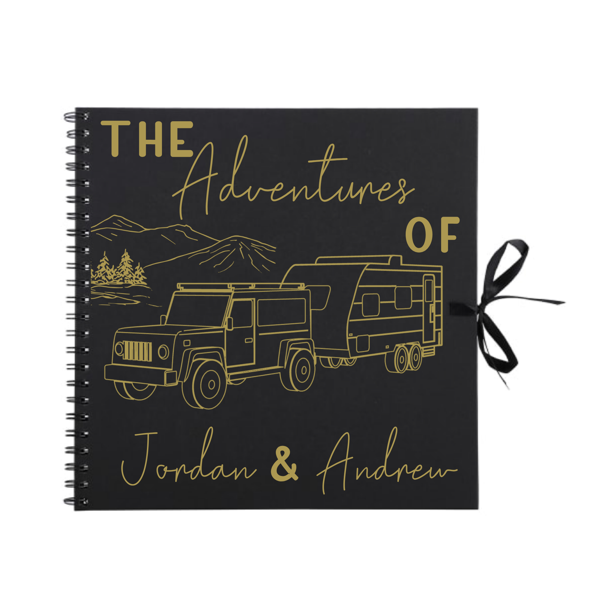 lack personalised travel scrapbook with  gold print and the names “Jordan & Andrew” – unique gift for caravan and camping lovers.