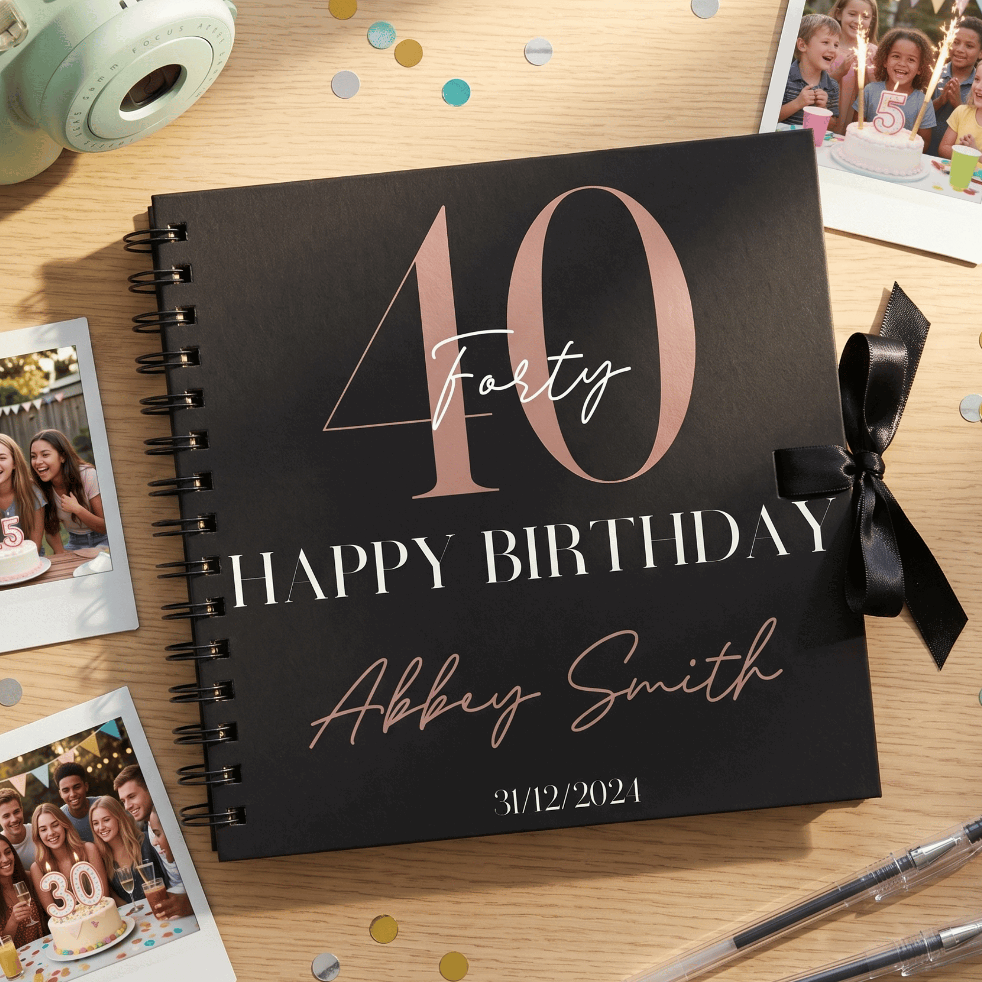 Personalised birthday album with '40 Happy Birthday Abbey Smith' on a wooden surface with confetti and photos.