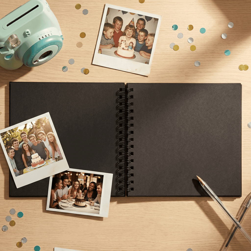 Black spiral-bound Album with photos of a birthday celebration on a wooden surface.