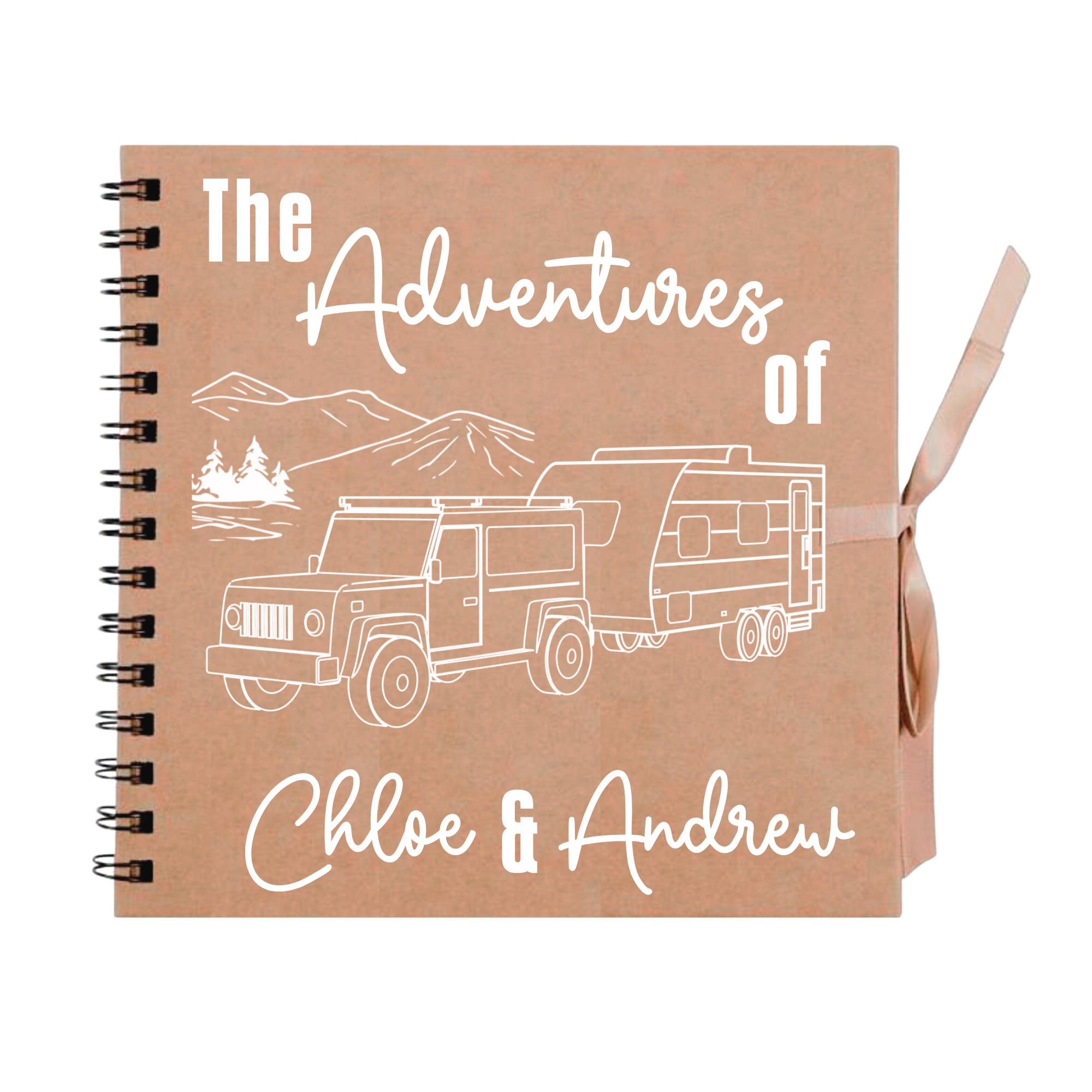  Kraft brown scrapbook album with white illustration and “The Adventures of Chloe & Andrew” – handmade travel photo album for couples.