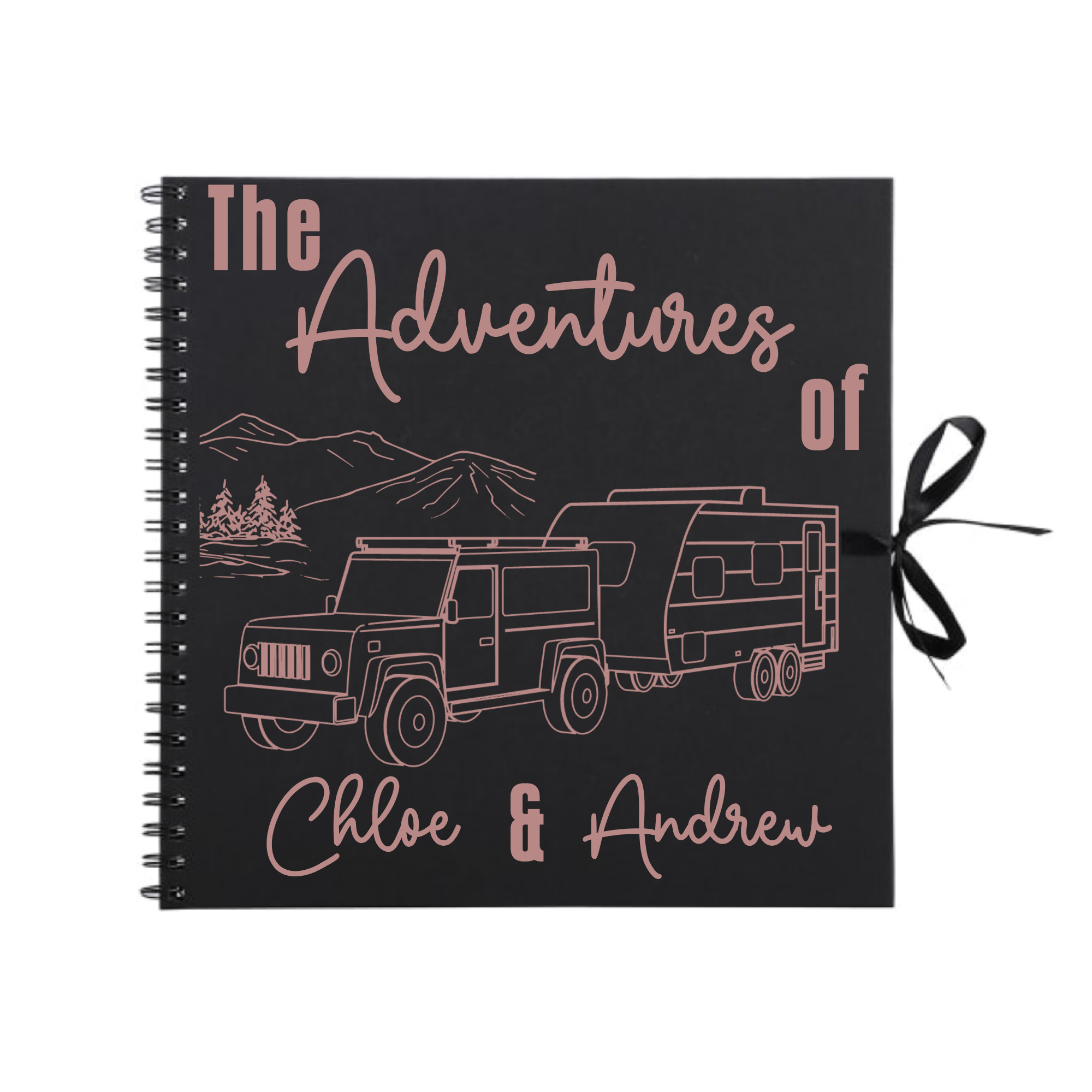 lack personalised travel scrapbook with rose gold print and the names “Chloe & Andrew” – unique gift for caravan and camping lovers.