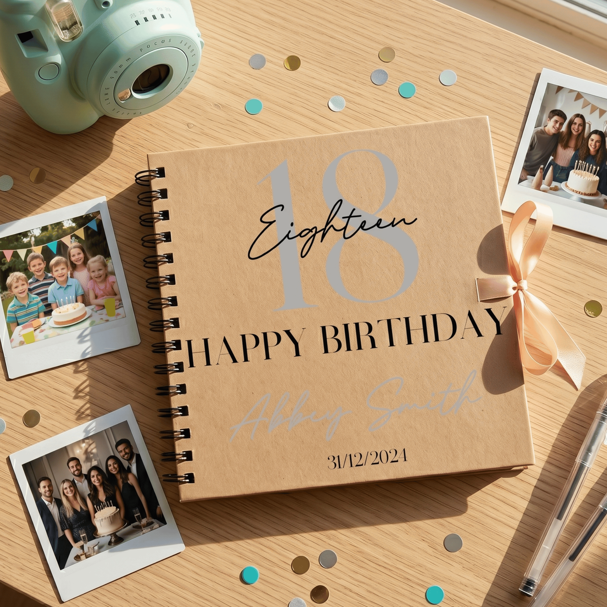 Brown spiral-bound Album with '18 Happy Birthday' text on a wooden surface with confetti and photos.