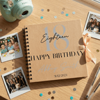 Brown spiral-bound Album with '18 Happy Birthday' text on a wooden surface with confetti and photos.