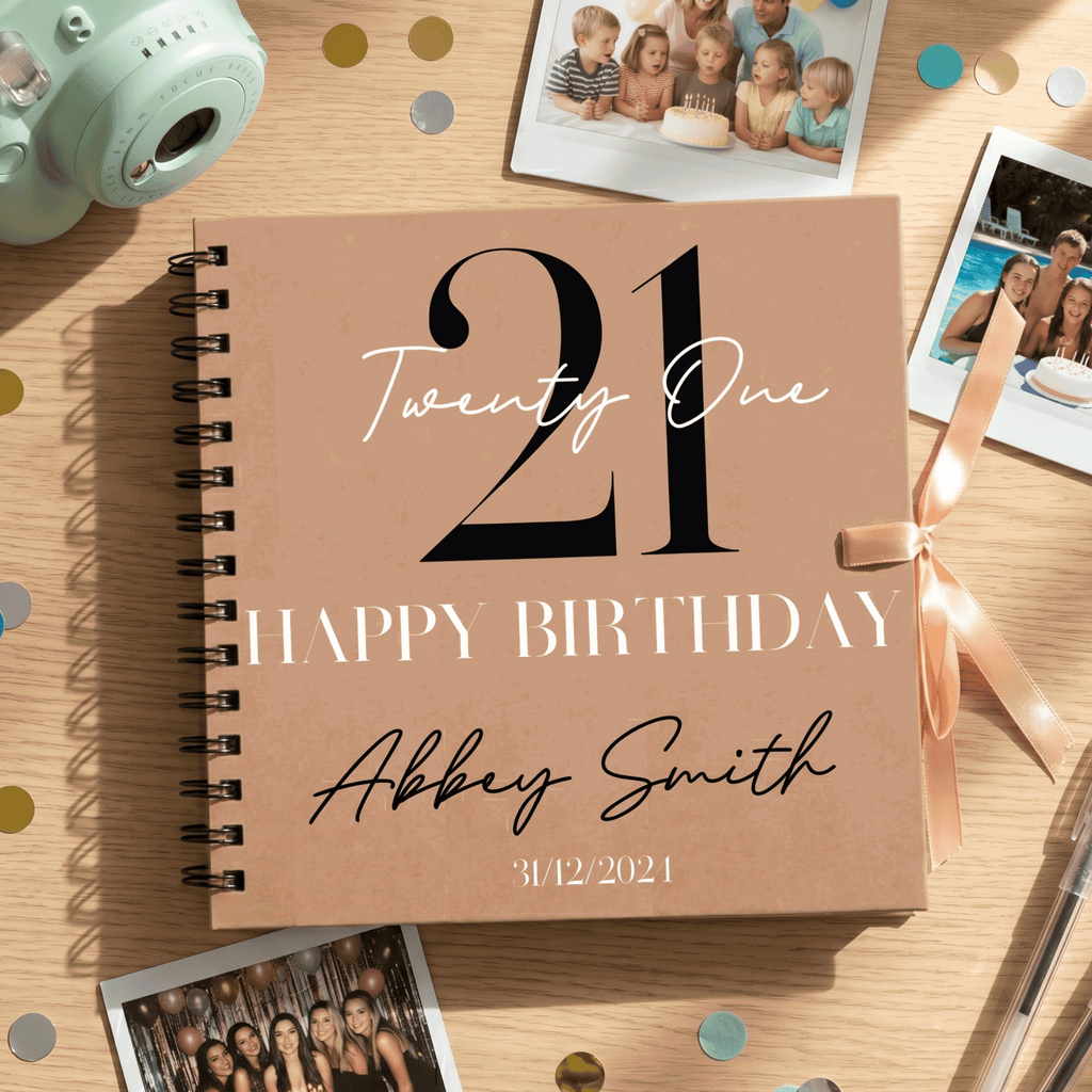 Personalised birthday Album with photos and decorations on a wooden surface