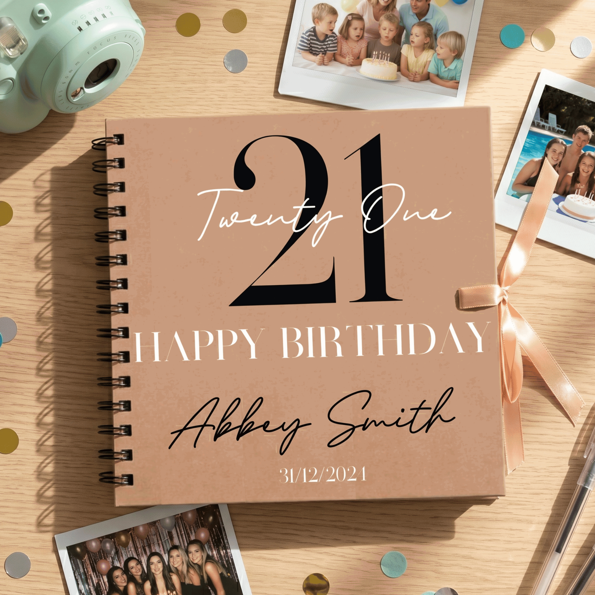 Personalised birthday Album with photos and decorations on a wooden surface