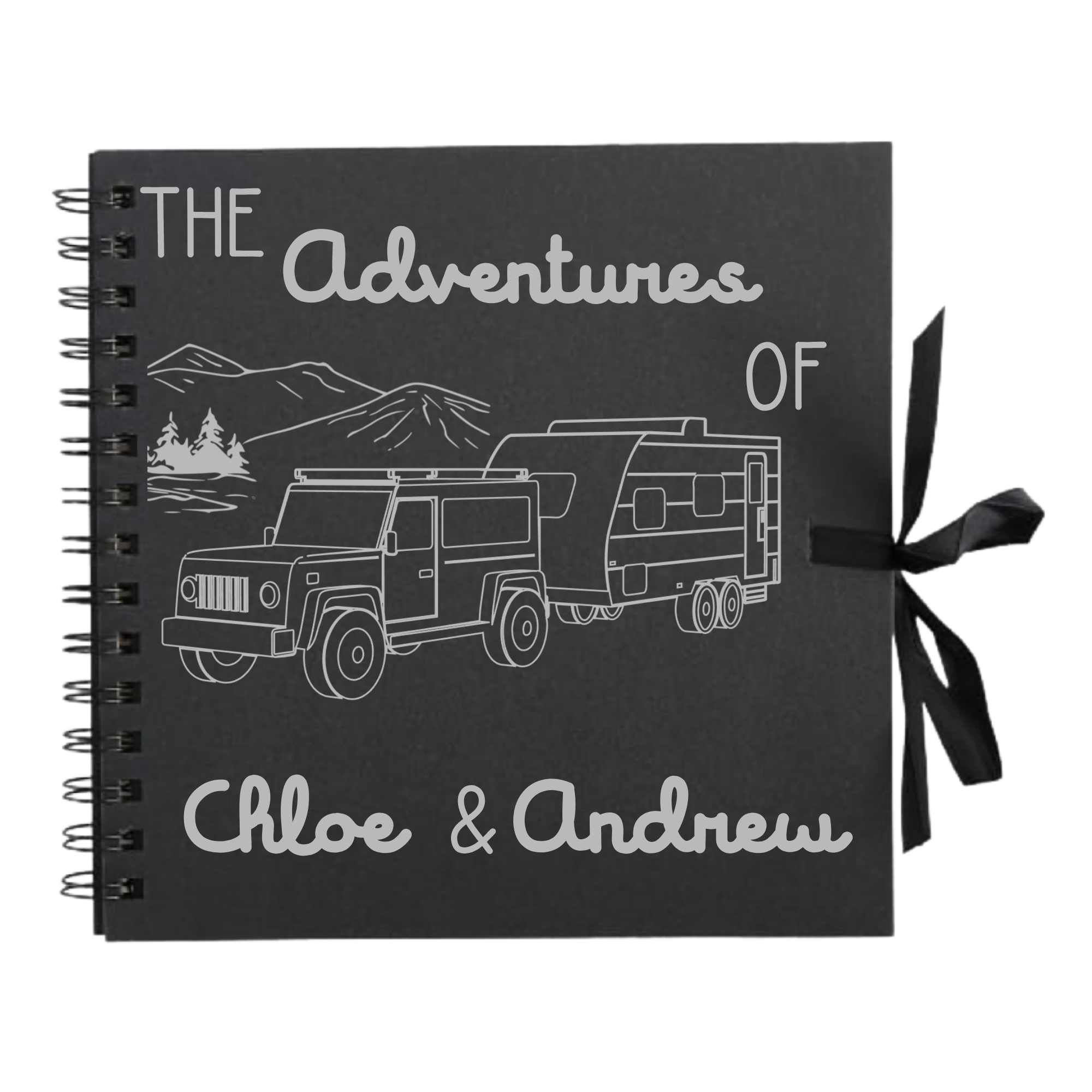 Black personalised scrapbook album with silver campervan design and “The Adventures of Chloe & Andrew” – custom travel gift for him or her.