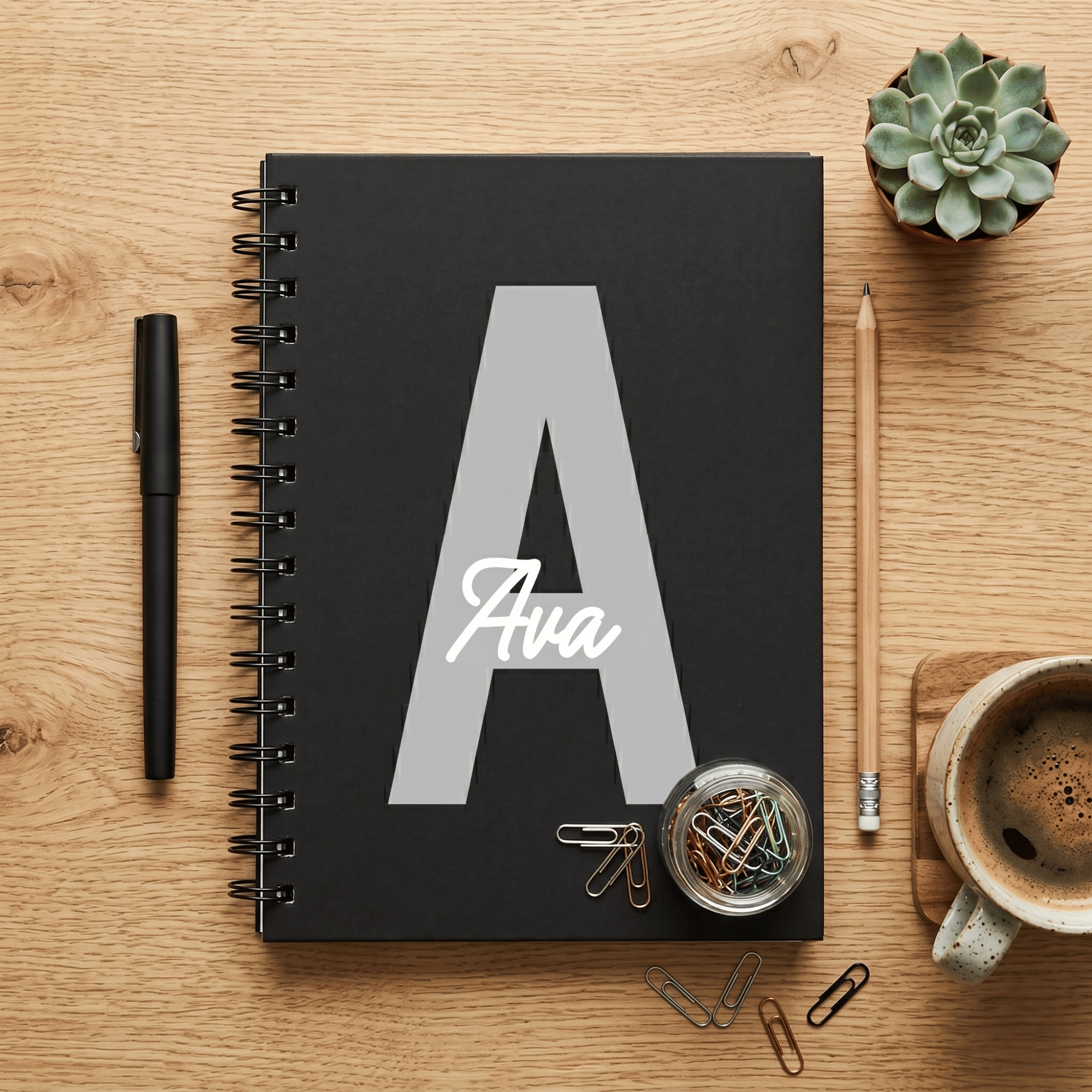 Black notebook with 'Ava' on a wooden surface with stationery items