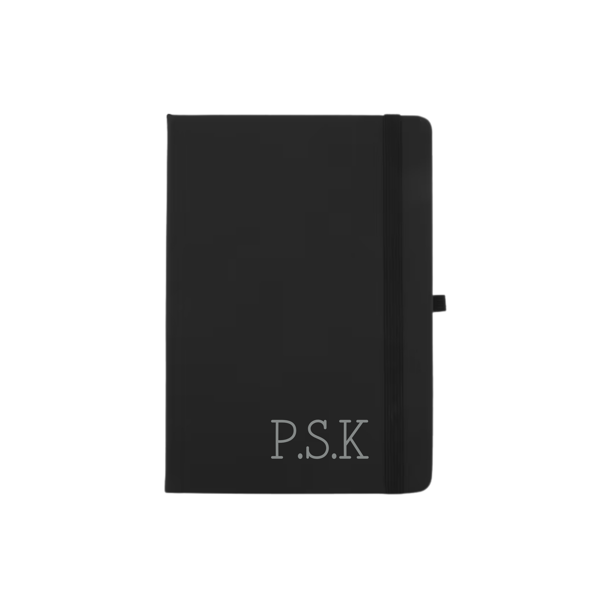 Personalised black A5 vegan leather notebook featuring initials P.S.K in silver font.