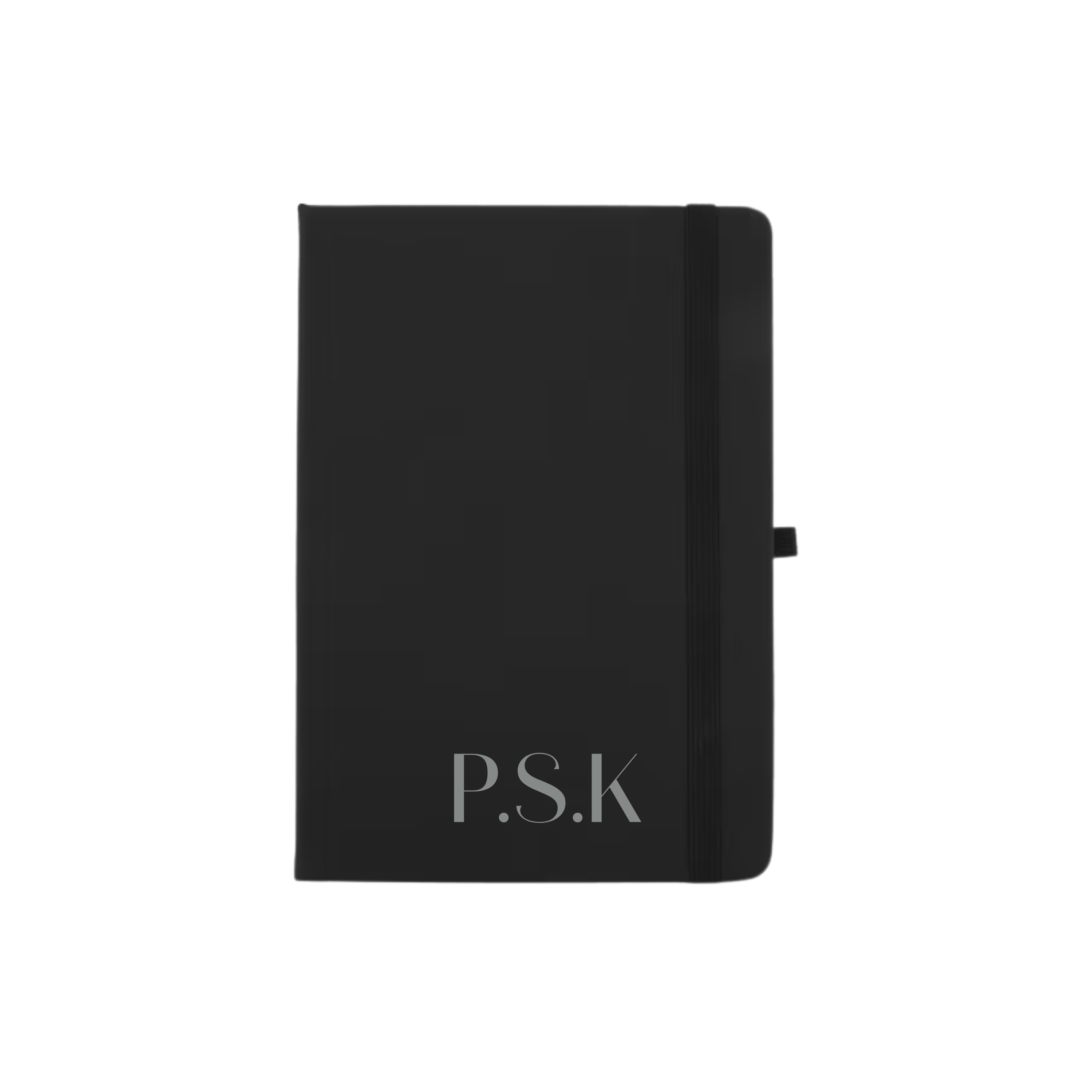 Personalised black A5 vegan leather notebook featuring initials P.S.K in silver font.