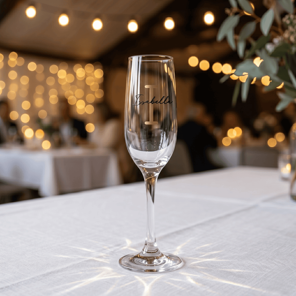 Clear glass with 'Isabella' engraving on a white tablecloth with blurred festive lights in the background